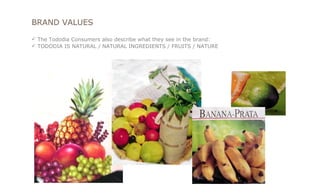 The Tododia Consumers also describe what they see in the brand: TODODIA IS NATURAL / NATURAL INGREDIENTS / FRUITS / NATURE BRAND VALUES 