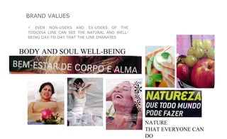 BRAND VALUES EVEN NON-USERS AND EX-USERS OF THE TODODIA LINE CAN SEE THE NATURAL AND WELL-BEING DAY-TO-DAY THAT THE LINE EMANATES BODY AND SOUL WELL-BEING NATURE THAT EVERYONE CAN DO 