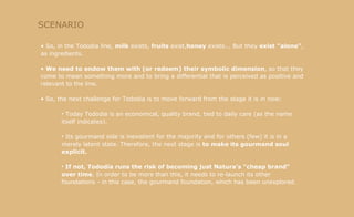 SCENARIO So, in the Tododia line,  milk  exists,  fruits  exist, honey  exists... But they  exist "alone" , as ingredients. We need to endow them with (or redeem) their symbolic dimension , so that they come to mean something more and to bring a differential that is perceived as positive and relevant to the line. So, the next challenge for Tododia is to move forward from the stage it is in now: Today Tododia is an economical, quality brand, tied to daily care (as the name itself indicates). Its gourmand side is inexistent for the majority and for others (few) it is in a merely latent state. Therefore, the next stage is  to make its gourmand soul explicit. If not, Tododia runs the risk of becoming just Natura's "cheap brand" over time . In order to be more than this, it needs to re-launch its other foundations - in this case, the gourmand foundation, which has been unexplored. 