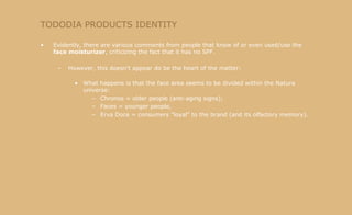 TODODIA PRODUCTS IDENTITY Evidently, there are various comments from people that know of or even used/use the  face moisturizer , criticizing the fact that it has no SPF. However, this doesn't appear do be the heart of the matter: What happens is that the face area seems to be divided within the Natura universe: Chronos = older people (anti-aging signs); Faces = younger people, Erva Doce = consumers "loyal" to the brand (and its olfactory memory). 