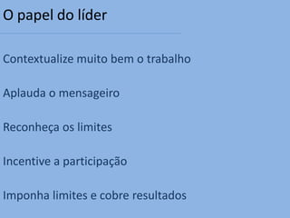 O papel do líder

Contextualize muito bem o trabalho

Aplauda o mensageiro

Reconheça os limites

Incentive a participação

Imponha limites e cobre resultados
 