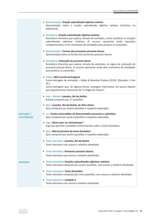 Guia de Recursos Multimédia
Projeto A Par e Passo – Português 7 x Ensino Digit@l x ASA 97
ͻ Apresentação: Oração subordinada adjetiva relativa
Apresentação sobre a oração subordinada adjetiva relativa (restritiva ou
explicativa).
ͻ Gramática: Oração subordinada adjetiva relativa
Gramática interativa que explica, através de exemplos, como classificar as orações
subordinadas adjetivas relativas. O recurso apresenta ainda exemplos
complementares e três momentos de atividades para praticar os conteúdos.
ͻ Apresentação: Formas dos pronomes pessoais átonos
Apresentação sobre as formas dos pronomes pessoais átonos.
ͻ Gramática: Colocação do pronome átono
Gramática interativa que explica, através de exemplos, as regras de colocação do
pronome pessoal átono. O recurso apresenta ainda dois momentos de atividades
para praticar os conteúdos.
ͻ Vídeo: Silent (curta-metragem)
Curta-metragem de animação – Dolby  Moonbot Studios (2014). |Duração: 2 min
39 s.
Curta-metragem que, de alguma forma, consegue materializar um pouco daquilo
que popularmente chamamos de “a magia do cinema”.
Aplicação /
Consolidação
ͻ Link – Kahoot: Leandro, Rei da Helíria
Kahoot composto por 17 questões.
ͻ Quiz: Leandro, Rei da Helíria, de Alice Vieira
Quiz composto por quatro questões e respetiva explicação.
ͻ Quiz: Verbos antecedidos de determinados pronomes e advérbios
Quiz composto por quatro questões e respetiva explicação.
ͻ Jogo: Quem quer ser dramaturgo?
Jogo que permite consolidar conhecimentos sobre o texto dramático.
ͻ Quiz: Marcas formais do texto dramático
Quiz composto por quatro questões e respetiva explicação.
Avaliação
ͻ Teste interativo: Leandro, Rei da Helíria
Teste interativo com acesso a relatório detalhado.
ͻ Teste interativo: Pronomes pessoais átonos
Teste interativo com acesso a relatório detalhado.
ͻ Teste interativo: Orações subordinadas adjetivas relativas
Teste interativo composto por quatro questões, com acesso a relatório detalhado.
ͻ Teste interativo: Texto dramático
Teste interativo composto por cinco questões, com acesso a relatório detalhado.
ͻ Teste interativo: Unidade 3
Teste interativo com acesso a relatório detalhado.
 