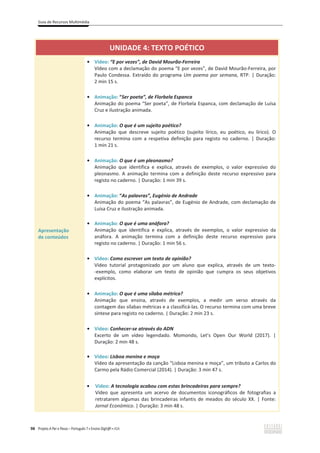 Guia de Recursos Multimédia
98 Projeto A Par e Passo – Português 7 x Ensino Digit@l x ASA
UNIDADE 4: TEXTO POÉTICO
Apresentação
de conteúdos
ͻ Vídeo: “E por vezes”, de David Mourão-Ferreira
Vídeo com a declamação do poema “E por vezes”, de David Mourão-Ferreira, por
Paulo Condessa. Extraído do programa Um poema por semana, RTP. | Duração:
2 min 15 s.
ͻ Animação: “Ser poeta”, de Florbela Espanca
Animação do poema “Ser poeta”, de Florbela Espanca, com declamação de Luísa
Cruz e ilustração animada.
ͻ Animação: O que é um sujeito poético?
Animação que descreve sujeito poético (sujeito lírico, eu poético, eu lírico). O
recurso termina com a respetiva definição para registo no caderno. | Duração:
1 min 21 s.
ͻ Animação: O que é um pleonasmo?
Animação que identifica e explica, através de exemplos, o valor expressivo do
pleonasmo. A animação termina com a definição deste recurso expressivo para
registo no caderno. | Duração: 1 min 39 s.
ͻ Animação: “As palavras”, Eugénio de Andrade
Animação do poema “As palavras”, de Eugénio de Andrade, com declamação de
Luísa Cruz e ilustração animada.
ͻ Animação: O que é uma anáfora?
Animação que identifica e explica, através de exemplos, o valor expressivo da
anáfora. A animação termina com a definição deste recurso expressivo para
registo no caderno. | Duração: 1 min 56 s.
ͻ Vídeo: Como escrever um texto de opinião?
Vídeo tutorial protagonizado por um aluno que explica, através de um texto-
-exemplo, como elaborar um texto de opinião que cumpra os seus objetivos
explícitos.
ͻ Animação: O que é uma sílaba métrica?
Animação que ensina, através de exemplos, a medir um verso através da
contagem das sílabas métricas e a classificá-las. O recurso termina com uma breve
síntese para registo no caderno. | Duração: 2 min 23 s.
ͻ Vídeo: Conhecer-se através do ADN
Excerto de um vídeo legendado. Momondo, Let’s Open Our World (2017). |
Duração: 2 min 48 s.
ͻ Vídeo: Lisboa menina e moça
Vídeo da apresentação da canção “Lisboa menina e moça”, um tributo a Carlos do
Carmo pela Rádio Comercial (2014). | Duração: 3 min 47 s.
ͻ Vídeo: A tecnologia acabou com estas brincadeiras para sempre?
Vídeo que apresenta um acervo de documentos iconográficos de fotografias a
retratarem algumas das brincadeiras infantis de meados do século XX. | Fonte:
Jornal Económico. | Duração: 3 min 48 s.
 