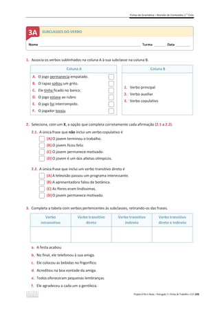 Fichas de Gramática – Revisão de Conteúdos 2.o
Ciclo
Projeto A Par e Passo – Português 7 x Fichas de Trabalho x ASA 149
1. Associa os verbos sublinhados na coluna A à sua subclasse na coluna B.
Coluna A Coluna B
A. O jogo permanecia empatado.
B. O rapaz soltou um grito.
C. Ele tinha ficado no banco.
D. O jogo estava ao rubro
E. O jogo foi interrompido.
F. O jogador tossiu.
1. Verbo principal
2. Verbo auxiliar
3. Verbo copulativo
2. Seleciona, com um X, a opção que completa corretamente cada afirmação (2.1 a 2.2).
2.1. A única frase que não inclui um verbo copulativo é
(A) O jovem terminou o trabalho.
(B) O jovem ficou feliz.
(C) O jovem permanece motivado.
(D) O jovem é um dos atletas olímpicos.
2.2. A única frase que inclui um verbo transitivo direto é
(A) A televisão passou um programa interessante.
(B) A apresentadora falou de botânica.
(C) As flores eram lindíssimas.
(D) O jovem permanece motivado.
3. Completa a tabela com verbos pertencentes às subclasses, retirando-os das frases.
Verbo
intransitivo
Verbo transitivo
direto
Verbo transitivo
indireto
Verbo transitivo
direto e indireto
a. A festa acabou.
b. No final, ele telefonou à sua amiga.
c. Ele colocou as bebidas no frigorífico.
d. Acreditou na boa vontade da amiga.
e. Todos ofereceram pequenas lembranças.
f. Ele agradeceu a cada um a gentileza.
Nome _____________________________________________________________________ Turma _________Data __________
3A SUBCLASSES DO VERBO
 