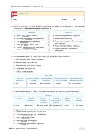Fichas de Gramática – Consolidação de Conteúdos – 7.o
ano
184 Projeto A Par e Passo – Português 7 x Fichas de Trabalho x ASA
1. Identifica o tempo e o modo do verbo sublinhado em cada frase, associando os elementos das
duas colunas. (consulta os exemplos do exercício 3)
Coluna A Coluna B
A. A casa tinha sido um lar feliz.
B. Queria que fossemos ao seu encontro.
C. Eles desejavam o livro premiado.
D. Peço que venha a minha casa.
E. Embora tenha organizado a despensa,
ela tem um ar desarrumado.
1. Pretérito imperfeito do conjuntivo
2. Presente do conjuntivo
3. Pretérito mais-que-perfeito composto
do indicativo
4. Pretérito imperfeito do indicativo
5. Pretérito perfeito composto do
conjuntivo
2. Completa a tabela com os verbos flexionados nos tempos do modo indicativo.
a. Noutros tempos ele fora um belo rapaz.
b. A melancia não cabia no saco.
c. Nós sonhámos com aquele vestido.
d. Eles tinham dito a verdade.
e. Tu tens feito tudo certo.
Indicativo
Pretérito
imperfeito
Pretérito perfeito
simples
Pretérito perfeito
composto
Pretérito mais-que-
-perfeito simples
Pretérito mais-que-
-perfeito composto
Ex.: lia Ex.: andámos Ex.: tem andado Ex.: andara Ex.: tinha andado
3. Completa a tabela com os verbos sublinhados flexionados nos tempos do modo conjuntivo.
Conjuntivo
Presente Pretérito
imperfeito
Pretérito
perfeito
composto
Pretérito
mais-que-perf.
composto
Futuro
simples
Futuro
composto
Ex.: ame Ex.: amasse Ex.: tenha amado Ex.: tivesse amado Ex.: amar Ex.: tiver amado
a. É fundamental que ponham tudo no saco.
b. Embora tivesse partido, não o esqueciam.
c. Talvez tenha vindo ontem.
d. Se ele quisesse, era um génio.
e. Quando fores ao cinema, vê este filme.
Nome ______________________________________________________________________Turma _________Data ___________
FLEXÃO VERBAL 3
 