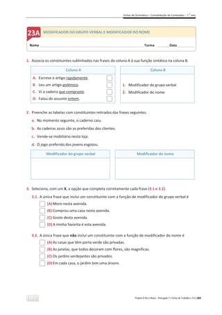 Fichas de Gramática – Consolidação de Conteúdos – 7.o
ano
Projeto A Par e Passo – Português 7 x Fichas de Trabalho x ASA 189
1. Associa os constituintes sublinhados nas frases da coluna A à sua função sintática na coluna B.
Coluna A Coluna B
A. Escreve o artigo rapidamente.
B. Leu um artigo polémico.
C. Vi a cadeira que compraste.
D. Falou do assunto ontem.
1. Modificador do grupo verbal
2. Modificador do nome
2. Preenche as tabelas com constituintes retirados das frases seguintes.
a. No momento seguinte, o caderno caiu.
b. As cadeiras azuis são as preferidas dos clientes.
c. Vende-se mobiliário nesta loja.
d. O jogo preferido dos jovens esgotou.
Modificador do grupo verbal Modificador do nome
3. Seleciona, com um X, a opção que completa corretamente cada frase (3.1 e 3.2).
3.1. A única frase que inclui um constituinte com a função de modificador do grupo verbal é
(A) Moro nesta avenida.
(B) Comprou uma casa nesta avenida.
(C) Gosto desta avenida.
(D) A minha favorita é esta avenida.
3.2. A única frase que não inclui um constituinte com a função de modificador do nome é
(A) As casas que têm porta verde são privadas.
(B) As janelas, que todos decoram com flores, são magníficas.
(C) Os jardins verdejantes são privados.
(D) Em cada casa, o jardim tem uma árvore.
Nome ______________________________________________________________________ Turma ________ Data___________
MODIFICADOR DO GRUPO VERBAL E MODIFICADOR DO NOME
 