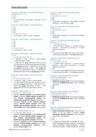 Fichas de Trabalho – Soluções
206 Projeto Português 7 x Fichas de Trabalho x ASA
FICHA 17B – CONJUNÇÃO E LOCUÇÃO CONJUNCIONAL
SUBORDINATIVA (p. 178)
1.1 (C)
1.2 (A)
2. a. A não ser que; b. assim que; c. visto que; d. a fim
de que.
FICHA 18A – FLEXÃO VERBAL 1 – MODO INDICATIVO
(p. 179)
1.1 (B)
1.2 (D)
1.3 (A)
2. A – 4; B – 2; C – 1; D – 3
3. a. trouxemos; b. fazias; c. serão; d. déramos.
FICHA 18B – FLEXÃO VERBAL 1 – MODO INDICATIVO
(p. 180)
1.1 (B)
1.2 (A)
1.3 (A)
2. A – 3; B – 1; C – 2
3. a. trouxemos; b. fazias; c. serão.
FICHA 19A – FLEXÃO VERBAL – MODO CONJUNTIVO
(p. 181)
1. A – 1; B – 5; C – 4; D – 2; E – 3
2. a. fossemos; b. haja; c. forem; d. tenha seguido;
e. tivesses comido; f. puder.
3. a. Logo que ele possa telefonar-te, fala com ele.
b. O João preparou-lhe uma festa surpresa a fim de que
ela se sentisse muito feliz. c. Podes levar o livro, mesmo
que queiras emprestá-lo ao João. d. Caso tenhas lido
este livro, vais apresentá-lo à turma. e. O pai deu-lhes
impermeáveis para que eles se protegessem da chuva.
FICHA 19B – FLEXÃO VERBAL – MODO CONJUNTIVO
(p. 182)
1. A – 1; B – 5; C – 4; D – 2; E – 3
2. a. fossemos; b. haja; c. forem; d. tenha seguido
3. a. O João preparou-lhe uma festa surpresa a fim de
que ela se sentisse muito feliz.; b. Podes levar o livro,
mesmo que queiras emprestá-lo ao João.; c. Caso
tenhas lido este livro, vais apresentá-lo à turma.
FICHA 20A – FLEXÃO VERBAL 3 (p. 183)
1. A – 3; B – 1; C – 4; D – 2; E – 5
2. Indicativo; Pretérito imperfeito: cabia; Pretérito perfeito
simples: sonhámos; Pretérito perfeito composto: tens
feito; Pretérito mais-que-perfeito simples: fora;
Pretérito mais-que-perfeito composto: tinham dito.
3. Conjuntivo; Presente: ponham; Pretérito imperfeito:
quisesse; Pretérito perfeito composto: tenha vindo;
Pretérito mais-que-perfeito composto: tivesse partido;
Futuro simples: fores; Futuro composto: tiverem ouvido.
FICHA 20B – FLEXÃO VERBAL 3 (p. 184)
1. A – 3; B – 1; C – 4; D – 2; E – 5
2. Indicativo; Pretérito imperfeito: cabia; Pretérito perfeito
simples: sonhámos; Pretérito perfeito composto: tens
feito; Pretérito mais-que-perfeito simples: fora;
Pretérito mais-que-perfeito composto: tinham dito.
3. Conjuntivo; Presente: ponham; Pretérito imperfeito:
quisesse; Pretérito perfeito composto: tenha vindo;
Pretérito mais-que-perfeito composto: tivesse
partido; Futuro simples: fores.
FICHA 21A – COLOCAÇÃO DO PRONOME PESSOAL
ÁTONO 1 (p. 185)
1. A – 3; B – 4; C – 1; D – 2
2.1 (B)
2.2 (A)
3. a. No museu, consultei-os.; b. Enviei-lhes um relatório
detalhado.; c. Eles ofereceram-mos.
FICHA 21B – COLOCAÇÃO DO PRONOME PESSOAL
ÁTONO 1 (p. 186)
1. A – 3; B – 4; C – 1; D – 2
2.1 (B)
2.2 (A)
3. a. No museu, consultei-os.; b. Enviei-lhes um relatório
detalhado.
FICHA 22A – COLOCAÇÃO DO PRONOME PESSOAL
ÁTONO 2 (p. 187)
1. a. -lo; b. lhe; c. o; d. -no.
2. a. O jovem não os escreveu.; b. O jovem nunca os
escreveu.; c. Que jovem os escreveu?; d. O jovem
também os escreveu.
3. (B)
4. a. Os jovens sempre lhes leram textos humorísticos.;
b. Eles ainda a transmitem.; c. Onde lhas ofereceste? .
FICHA 22B – COLOCAÇÃO DO PRONOME PESSOAL
ÁTONO 2 (p. 188)
1. a. -lo; b. lhe; c. o; d. -no
2. a. O jovem não os escreveu.; b. O jovem nunca os
escreveu.; c. Que jovem os escreveu?; d. O jovem
também os escreveu.
3. (B)
4. a. Os jovens sempre lhes leram textos humorísticos.;
b. Eles ainda a transmitem.; c. Onde lhas ofereceste?
FICHA 23A – MODIFICADOR DO GRUPO VERBAL
E MODIFICADOR DO NOME (p. 189)
1. A – 1; B – 2: C – 2; D – 1
2. Modificador do grupo verbal: “no momento seguinte”;
“nesta loja”; Modificador do nome: “azuis”; “preferido
dos jovens”.
3.1 (B)
3.2 (D)
FICHA 23B – MODIFICADOR DO GRUPO VERBAL
E MODIFICADOR DO NOME (p. 190)
1. A – 1; B – 2: C – 2; D – 1
2. Modificador do grupo verbal: “no momento seguinte”;
“nesta loja”; Modificador do nome: “azuis”; “preferido
dos jovens”.
3.1 (B)
3.2 (C)
FICHA 24A – ORAÇÕES SUBORDINADAS ADVERBIAIS
FINAIS E CONDICIONAIS (p. 191)
1. Oração subordinada adverbial final: “para correr um
pouco”; “a fim de estudar a matéria”; Oração
subordinada adverbial condicional: “Caso faça sol”;
“Se concluir o meu trabalho”.
2.1 (C)
2.2 (D)
3. a. “Desde que tenhas feito os trabalhos de casa” –
oração subordinada adverbial condicional; “acompanhas
a aula com facilidade” – oração subordinante; b. “O jovem
posicionou-se na sala” – oração subordinante; “de modo
 