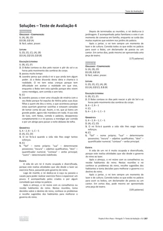 Teste de Avaliação 4
Projeto A Par e Passo – Português 7 x Testes de Avaliação x ASA 287
Soluções – Teste de Avaliação 4
ͻ VERSÃO A ͻ
ORALIDADE – COMPREENSÃO
1. (A), (B), (D)
2.1 (B); 2.2 (A)
3. fácil, sabor, prazer.
LEITURA
1. (D), (E), (C), (A), (B)
2.1 (A); 2.2 (D); 2.3 (B)
EDUCAÇÃO LITERÁRIA
1. (B), (C), (F)
2. O Bobo contava os dias pelo nascer e pôr do sol e as
horas pelo movimento das sombras do corpo.
3. passou muito tempo
4. Leandro pensa que ainda é rei e que ainda tem algum
poder. Já o Bobo discorda desta ideia e chama-o à
realidade. O rei tem estas crenças porque tem
dificuldade em aceitar a realidade em que vive,
enquanto o Bobo tem esta opinião porque eles vivem
como mendigos, sem comida e sem teto.
5. (C)
6. Leandro passou a viver uma situação de miséria com o
seu Bobo porque foi expulso de Helíria pelas suas duas
filhas a quem ele deu o reino, o que aconteceu porque
estas queriam governar sozinhas e estavam cansadas
de tomar conta do pai. Assim, o rei, que já tivera um
grande poder, agora não mandava em nada. A sua vida
de luxo, com festas, comida e palácios, desapareceu
completamente e o rei passou a mendigar por comida
e por um abrigo para passar a noite debaixo de telha.
GRAMÁTICA
1. A – 2; B – 1; C – 5
2. (A), (C), (D)
3. O rei fá-la-á quando a vida não lhes exigir tantos
esforços.
4. (C)
5. “Sol” – nome próprio; “sua” – determinante
possessivo; “escura” – adjetivo qualificativo; “dois” –
quantificador numeral; “contava” – verbo principal;
“outro” – determinante indefinido.
ESCRITA
A vida de um rei é muito ocupada e diversificada,
porque este realiza atividades que vão desde o lazer ao
exercício físico, passando pelo governo do reino.
Logo de manhã, o rei dedica-se à caça ou passeia a
cavalo para poder realizar exercício físico e espairecer um
pouco. É acompanhado pelos criados e por algum
convidado que esteja no palácio.
Após o almoço, o rei reúne com os conselheiros ou
recebe habitantes do reino. Nestas reuniões, toma
decisões sobre o destino do reino, conhece os problemas
e recolhe sugestões dos habitantes para melhorar o
governo do reino.
Depois de terminadas as reuniões, o rei dedica-se à
jardinagem. É acompanhado pelos familiares e este é um
momento de conversa em família, enquanto se cuida das
muitas espécies que existem nos jardins do palácio.
Após o jantar, o rei tem sempre um momento de
lazer e de cultura. Convida todos os que estão no palácio
para ouvir o Bobo, um declamador de poesia ou um
cantor. Em certos dias, pode mesmo ser apresentada uma
peça de teatro.
(175 palavras)
VERSÃO B ͻ
ORALIDADE – COMPREENSÃO
1. (A), (B), (D)
2.1 (B); 2.2 (A)
3. fácil, sabor, prazer.
LEITURA
1. (D), (E), (C), (A), (B)
2.1 (A); 2.2 (C); 2.3 (B)
EDUCAÇÃO LITERÁRIA
1. (B), (C), (F)
2. O Bobo contava os dias pelo nascer e pôr do Sol e as
horas pelo movimento das sombras do corpo.
3. A – 2; B – 1
4. (C)
5. A – 2; B – 1; C – 3
GRAMÁTICA
1. A – 2; B – 1; C – 5
2. (A), (C), (D)
3. O rei fá-la-á quando a vida não lhes exigir tantos
esforços.
4. (C)
5. “Sol” – nome próprio; “sua” – determinante
possessivo; “escura” – adjetivo qualificativo; “dois” –
quantificador numeral; “contava” – verbo principal.
ESCRITA
A vida de um rei é muito ocupada e diversificada,
porque este realiza atividades que vão desde o governo
do reino ao lazer.
Após o almoço, o rei reúne com os conselheiros ou
recebe habitantes do reino. Nestas reuniões o rei
conhece os problemas do reino, recolhe sugestões dos
habitantes e toma decisões para melhorar o governo e o
destino do reino.
Após o jantar, o rei tem sempre um momento de
lazer e de cultura. Convida todos os que estão no palácio
para ouvir os bobos, um declamador de poesia ou um
cantor. Em certos dias, pode mesmo ser apresentada
uma peça de teatro.
(105 palavras)
 