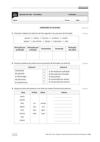 Questões de Aula
Projeto A Par e Passo – Português 7 x Questões de Aula e Outros Instrumentos de Avaliação x ASA 345
FORMAÇÃO DE PALAVRAS [100 pontos]
1. Preenche a tabela com palavras da lista segundo o seu processo de formação. (40 pontos)
ƉĞƌĞŝƌĂͻŝŶũƵƐƚŽͻ;ĂͿƚƌŽĐĂͻanoitecer ͻƚĞĂƚƌĂů
ƉŽƐƉŽƌͻ;ŽƐͿĐŽŶƚƌĂƐ ͻĂďƌĂĕŽͻĞƐďƌĂĐĞũĂƌ ͻƌĞůĞƌ
Derivação por
prefixação
Derivação por
sufixação
Parassíntese Conversão
Derivação
não afixal
2. Associa as palavras da coluna A ao seu processo de formação, na coluna B. (20 pontos)
Coluna A Coluna B
A. Barbudo
B. Subchefe
C. Mineralogia
D. Aterrorizar
E. Guarda-livros
1. Derivação por prefixação
2. Derivação por sufixação
3. Parassíntese
4. Composição por radicais
5. Composição por palavras
3. Associa as bases das palavras a um afixo, de modo a formares oito palavras. (40 pontos)
Base Prefixo Sufixo Palavra
cobrir
encher
feliz
gastar
livro
branco
lava
ontem
en-
pre-
des-
ante-
-mente
-ura
-gem
-esco
___________________
___________________
___________________
___________________
___________________
___________________
___________________
___________________
Nome ______________________________________________________________________Turma _________Data ___________
21 Questão de Aula – Gramática Avaliação: _______________
 