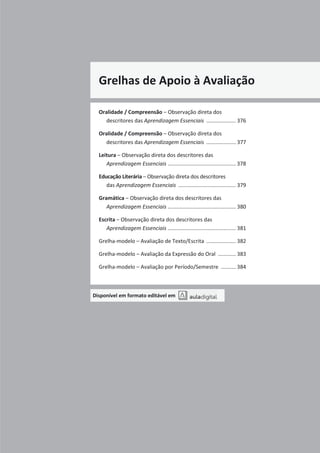 Grelhas de Apoio à Avaliação
Oralidade / Compreensão വ Observação direta dos
descritores das Aprendizagem Essenciais .................... 376
Oralidade / Compreensão വ Observação direta dos
descritores das Aprendizagem Essenciais .................... 377
Leitura വ Observação direta dos descritores das
Aprendizagem Essenciais .............................................. 378
Educação Literária വ Observação direta dos descritores
das Aprendizagem Essenciais ....................................... 379
Gramática വ Observação direta dos descritores das
Aprendizagem Essenciais .............................................. 380
Escrita വ Observação direta dos descritores das
Aprendizagem Essenciais .............................................. 381
Grelha-modelo – Avaliação de Texto/Escrita .................... 382
Grelha-ŵŽĚĞůŽവǀĂůŝĂĕĆŽĚĂǆƉƌĞƐƐĆŽĚŽKƌĂů ............ 383
Grelha-ŵŽĚĞůŽവǀĂůŝĂĕĆŽƉŽƌPeríodo/Semestre .......... 384
Disponível em formato editável em
 