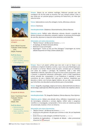 Projeto de Leitura
394 Projeto A Par e Passo – Português 7 x Projetos e Outros Materiais x ASA
Sexta-Feira ou a vida
selvagem
Autor: Michel Tournier
Tradução: Emílio Campos
Lima
Edição: Presença
Perfil do Aluno:
x Relacionamento
interpessoal (E)
x Saber científico, técnico
e tecnológico (I)
Sinopse: Depois de um violento naufrágio, Robinson percebe que não
conseguirá sair da ilha onde se encontra. Por isso, tentará civilizar a ilha, o
que acaba por ser possível graças à presença de Sexta-Feira, um índio que
salva da morte.
Temas: Sobrevivência numa ilha selvagem, heróis, diferenças culturais
Género: Aventuras
Interdisciplinaridade: Cidadania e Desenvolvimento, Ciências Naturais
Objetivos gerais: Refletir sobre diferenças culturais; discutir a questão dos
direitos humanos em diferentes contextos; explicar os processos de formação
de uma ilha; descrever os tipos de rochas existentes numa dada ilha.
Articulação com outros documentos:
ͻ “Mestre Finezas”, de Manuel da Fonseca (pp. 86-89)
ͻ O náufrago, de Robert Zemeckis (filme)
ͻ Robinson Crusoe (animação)
ͻ Reportagem: “Como se vive nas ilhas Selvagens” (reportagem da revista
Sábado disponível em https://www.sabado.pt/)
O segredo de Nebula
Autor: Trudi Strain Trueit
Tradução: Patrícia
Caixeirinho
Edição: ASA
Perfil do Aluno:
x Relacionamento
interpessoal (E)
x Saber científico, técnico
e tecnológico (I)
Sinopse: Cruz é um jovem surfista que vive com o pai no Havai; a sua
candidatura à Explorer Academy é aceite, o que o leva para Washington para
ali estudar e se formar. Mesmo antes de partir, constata que um indivíduo
com botas de cowboy o persegue. Na Academia, onde a mãe tinha
trabalhado e falecido, apercebe-se de que há zonas quase inacessíveis, como
a Syntesis, e programas altamente sofisticados, como o EVAC (experiência
virtual animada por computador). A sua frequência é sabotada e toma
consciência de que a Nebula fará tudo para o destruir, impedindo que
descubra o diário, com formato digital robótico, da sua mãe, uma cientista
que tinha feito uma descoberta extraordinária para a Humanidade.
Temas: Geografia, arqueologia, enigmas do Cosmos, desenvolvimento da ciência e
da tecnologia, exploração dos diferentes países do mundo e das respetivas culturas
Género: Aventura
Interdisciplinaridade: TIC, Geografia Cidadania, Ciências Naturais, Físico-Química
Objetivos gerais: Adotar uma atitude crítica, refletida e responsável no uso
de tecnologias, ambientes e serviços digitais; refletir sobre o progresso
científico e a investigação, compreender a Terra como um sistema que deve
ser preservado, localizar a Terra no Universo.
Articulação com outros documentos:
ͻ “Mestre Finezas”, de Manuel da Fonseca (pp. 86-89)
ͻ História de uma gaivota e do gato que a ensinou a voar, de Luis Sepúlveda
(pp. 95-96)
ͻ Sexta-Feira ou a vida selvagem, de Michel Tournier (pp. 100-101)
ͻ Academia de Exploradores – O Segredo de Nebula – vídeo promocional
(disponível em )
 