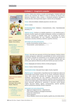 Projeto de Leitura
396 Projeto A Par e Passo – Português 7 x Projetos e Outros Materiais x ASA
Unidade 3 – Imaginário popular
Contos
Autor: Trindade Coelho
Edição: Porto Editora
Perfil do Aluno:
x Linguagens e textos (A)
x Informação
e comunicação(B)
x Relacionamento
interpessoal (E)
Sinopse: Tendo como cenário o mundo rural português, Trindade Coelho dá
vida às suas memórias de infância e conta as histórias de pessoas reais
(pastores, lavradores, mães, crianças…), retratando peripécias, episódios e
dramas de vida e não esquecendo sequer o realismo da sua linguagem.
Temas: Interculturalidade, tradições populares e da vida rural…
Género: Conto
Interdisciplinaridade: Cidadania e Desenvolvimento, Artes, Teatro/Expressão
dramática, TIC
Objetivos gerais: Conhecer as tradições populares e a sua relevância para o
presente; recolher aspetos da tradição oral/popular; conhecer as tradições da
vida rural; comparar as tradições atuais com as relatadas nos contos;
manifestar expressividade nos seus trabalhos, selecionando, de forma
intencional, conceitos, temáticas, materiais, suportes e técnicas.
Articulação com outros documentos:
ͻ Leandro, Rei da Helíria, de Alice Vieira (pp. 137-154)
ͻ “A Cara de Boi”, conto tradicional (pp. 72-74)
Páginas de livros infantis
rejeitadas
Autor: Nuno Markl
Ilustração: Marisa Silva
Edição: Objectiva
Perfil do Aluno:
x Linguagens e textos (A)
x Sensibilidade estética
e artística (I)
x Informação
e comunicação (B)
Sinopse: Uma obra que apresenta, de forma bem-disposta, histórias infantis
e lendas portuguesas, explorando a possibilidade de outros acontecimentos
ou focando a atenção nos sentimentos ou em momentos que poderiam ter
tido lugar. Um livro que associa o texto a ilustrações marcadas pelo tom
cómico, que exploram diferentes versões das histórias que aqui se contam.
Temas: Adaptações de histórias infantis e lendas portuguesas
Género: Humor, histórias ilustradas
Interdisciplinaridade: Educação Visual, Inglês, Francês, Espanhol
Objetivos gerais: Compreender a importância da inter-relação dos saberes da
comunicação visual (espaço, volume, cor, luz, forma, movimento, estrutura,
ritmo, entre outros) nos processos de fruição dos universos culturais;
manifestar expressividade nos seus trabalhos, selecionando, de forma
intencional, conceitos, temáticas, materiais, suportes e técnicas; desenvolver
a literacia em língua inglesa, lendo diferentes tipos de textos e adaptações de
leitura extensiva; apresentar-se, apresentar e descrever outras pessoas
(inglês); descrever hábitos, lugares, acontecimentos; exprimir opiniões,
gostos e preferências (alemão, francês e espanhol).
Articulação com outros documentos:
ͻ Página do instagram do livro – disponível em:
https://www.instagram.com/paginasrejeitadas/
ͻ Contos dos irmãos Grimm
ͻ Contos populares
ͻ Filmes: Maléfica: mestre do mal; Espelho, espelho meu; Os irmãos Grimm
 