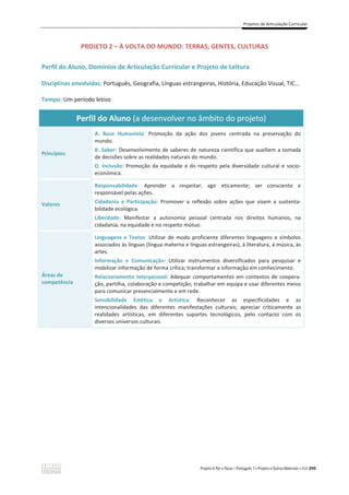 Projetos de Articulação Curricular
Projeto A Par e Passo – Português 7 x Projeto e Outros Materiais x ASA 399
PROJETO 2 – À VOLTA DO MUNDO: TERRAS, GENTES, CULTURAS
Perfil do Aluno, Domínios de Articulação Curricular e Projeto de Leitura
Disciplinas envolvidas: Português, Geografia, Línguas estrangeiras, História, Educação Visual, TIC…
Tempo: Um período letivo
Perfil do Aluno (a desenvolver no âmbito do projeto)
Princípios
A. Base Humanista: Promoção da ação dos jovens centrada na preservação do
mundo.
B. Saber: Desenvolvimento de saberes de natureza científica que auxiliem a tomada
de decisões sobre as realidades naturais do mundo.
D. Inclusão: Promoção da equidade e do respeito pela diversidade cultural e socio-
económica.
Valores
Responsabilidade: Aprender a respeitar; agir eticamente; ser consciente e
responsável pelas ações.
Cidadania e Participação: Promover a reflexão sobre ações que visem a sustenta-
bilidade ecológica.
Liberdade: Manifestar a autonomia pessoal centrada nos direitos humanos, na
cidadania, na equidade e no respeito mútuo.
Áreas de
competência
Linguagens e Textos: Utilizar de modo proficiente diferentes linguagens e símbolos
associados às línguas (língua materna e línguas estrangeiras), à literatura, à música, às
artes.
Informação e Comunicação: Utilizar instrumentos diversificados para pesquisar e
mobilizar informação de forma crítica; transformar a informação em conhecimento.
Relacionamento Interpessoal: Adequar comportamentos em contextos de coopera-
ção, partilha, colaboração e competição; trabalhar em equipa e usar diferentes meios
para comunicar presencialmente e em rede.
Sensibilidade Estética e Artística: Reconhecer as especificidades e as
intencionalidades das diferentes manifestações culturais; apreciar criticamente as
realidades artísticas, em diferentes suportes tecnológicos, pelo contacto com os
diversos universos culturais.
 