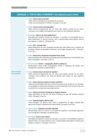 Guia de Recursos Multimédia
88 Projeto A Par e Passo – Português 7 x Ensino Digit@l x ASA
hE/ϭ͗dydKEK/dZZ/KͻhŵƉůĂŶĞƚĂƉĂƌĂƐĂůǀĂƌ
Apresentação
de conteúdos
ͻ Vídeo: Como se faz um jornal?
Vídeo sobre os bastidores da produção de um jornal
Fonte: Jornal Económico TV (2013) | Duração: 3 min 40 s.
ͻ Vídeo: Como escrever uma biografia?
Vídeo tutorial protagonizado por um aluno que explica, através de um texto-
-exemplo, como redigir uma biografia que cumpra os seus objetivos explícitos.
ͻ Animação: O que é um texto publicitário?
Animação que explicita, através de exemplos, o conceito e as finalidades de um
texto publicitário. O recurso termina com a caracterização deste género textual
para registo no caderno. | Duração: 48 s.
ͻ Vídeo: EDP – Geração Zero
Vídeo publicitário de uma campanha lançada pela EDP (2020) com o objetivo de
promover hábitos de proteção ambiental e de divulgar produtos EDP. | Duração:
1 min 20 s.
ͻ Vídeo: Numa hora, Campanha Sociedade Ponto Verde
Vídeo publicitário da campanha promovida pela Sociedade Ponto Verde (2012) com
vista à reciclagem. | Duração: 1 min 1 s.
ͻ Apresentação: Verbos – conjugações, flexão e subclasses
Apresentação sobre verbos (conjugações, flexão e subclasses do verbo), com
iconografia e exemplos complementares.
ͻ Vídeo: Como escrever um texto de opinião?
Vídeo tutorial protagonizado por um aluno que explica, através de um texto-
-exemplo, como elaborar um texto de opinião que cumpra os seus objetivos
explícitos.
ͻ Vídeo: Como expressar pontos de vista e opiniões?
Vídeo tutorial protagonizado por um aluno que apresenta, através de um exemplo,
as estratégias e normas que envolvem a correta expressão oral de pontos de vista
e opiniões em contexto de intervenção formal.
ͻ Vídeo: Discurso de Greta Thunberg nos Goldene Kamera
Vídeo legendado do discurso de Greta Thunberg na gala dos Goldene Kamera
2019. | Duração: 5 min 9 s.
ͻ Vídeo: Aquametragem, Marina Lobo
Curta-metragem de Marina Lobo sobre o desperdício de água, lançada pela
Agência de Energia e Ambiente de Lisboa (2018).| Duração: 6 min 29 s.
ͻ Apresentação: Advérbio e locução adverbial
Apresentação sobre os valores e as funções do advérbio e da locução adverbial,
com iconografia e exemplos complementares.
ͻ Animação: O que é uma crítica?
Animação que explicita, através de exemplos, o conceito e as finalidades do género
textual Crítica. O recurso termina com a caracterização deste género textual para
registo no caderno. | Duração: 1 min 54 s.
 