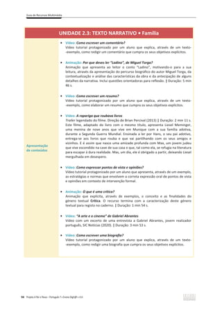 Guia de Recursos Multimédia
94 Projeto A Par e Passo – Português 7 x Ensino Digit@l x ASA
UNIDADE 2.3: dydKEZZd/sKͻĂŵşůŝĂ
Apresentação
de conteúdos
ͻ Vídeo: Como escrever um comentário?
Vídeo tutorial protagonizado por um aluno que explica, através de um texto-
-exemplo, como redigir um comentário que cumpra os seus objetivos explícitos.
ͻ Animação: Por que deves ler “Ladino”, de Miguel Torga?
Animação que apresenta ao leitor o conto “Ladino”, motivando-o para a sua
leitura, através da apresentação do percurso biográfico do autor Miguel Torga, da
contextualização e análise das características da obra e da antecipação de alguns
detalhes da narrativa. Inclui questões orientadoras para reflexão. | Duração: 5 min
46 s.
ͻ Vídeo: Como escrever um resumo?
Vídeo tutorial protagonizado por um aluno que explica, através de um texto-
-exemplo, como elaborar um resumo que cumpra os seus objetivos explícitos.
ͻ Vídeo: A rapariga que roubava livros
Trailer legendado do filme. Direção de Brian Percival (2013) | Duração: 2 min 11 s.
Este filme, adaptado do livro com o mesmo título, apresenta Liesel Meminger,
uma menina de nove anos que vive em Munique com a sua família adotiva,
durante a Segunda Guerra Mundial. Ensinada a ler por Hans, o seu pai adotivo,
entrega-se aos livros que rouba e que vai partilhando com os seus amigos e
vizinhos. E é assim que nasce uma amizade profunda com Max, um jovem judeu
que vive escondido na cave de sua casa e que, tal como ela, se refugia na literatura
para escapar à dura realidade. Mas, um dia, ele é obrigado a partir, deixando Liesel
mergulhada em desespero.
ͻ Vídeo: Como expressar pontos de vista e opiniões?
Vídeo tutorial protagonizado por um aluno que apresenta, através de um exemplo,
as estratégias e normas que envolvem a correta expressão oral de pontos de vista
e opiniões em contexto de intervenção formal.
ͻ Animação: O que é uma crítica?
Animação que explicita, através de exemplos, o conceito e as finalidades do
género textual Crítica. O recurso termina com a caracterização deste género
textual para registo no caderno. | Duração: 1 min 54 s.
ͻ Vídeo: “A arte e o cinema” de Gabriel Abrantes
Vídeo com um excerto de uma entrevista a Gabriel Abrantes, jovem realizador
português, SIC Notícias (2020). | Duração: 3 min 53 s.
ͻ Vídeo: Como escrever uma biografia?
Vídeo tutorial protagonizado por um aluno que explica, através de um texto-
-exemplo, como redigir uma biografia que cumpra os seus objetivos explícitos.
 