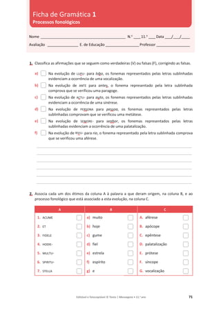 Editável e fotocopiável © Texto | Mensagens • 11.o
ano 71
1. Classifica as afirmações que se seguem como verdadeiras (V) ou falsas (F), corrigindo as falsas.
a) Na evolução de LUPU- para lobo, os fonemas representados pelas letras sublinhadas
evidenciam a ocorrência de uma vocalização.
b) Na evolução de ANTE para antes, o fonema representado pela letra sublinhada
comprova que se verificou uma paragoge.
c) Na evolução de ACTU- para auto, os fonemas representados pelas letras sublinhadas
evidenciam a ocorrência de uma sinérese.
d) Na evolução de PERSONA para pessoa, os fonemas representados pelas letras
sublinhadas comprovam que se verificou uma metátese.
e) Na evolução de SENIORE- para senhor, os fonemas representados pelas letras
sublinhadas evidenciam a ocorrência de uma palatalização.
f) Na evolução de RIVU- para rio, o fonema representado pela letra sublinhada comprova
que se verificou uma aférese.
_____________________________________________________________________________________
_____________________________________________________________________________________
_____________________________________________________________________________________
_____________________________________________________________________________________
_____________________________________________________________________________________
_____________________________________________________________________________________
2. Associa cada um dos étimos da coluna A à palavra a que deram origem, na coluna B, e ao
processo fonológico que está associado a esta evolução, na coluna C.
A B C
1. ACUME a) muito A. aférese
2. ET b) hoje B. apócope
3. FIDELE c) gume C. epêntese
4. HODIE- d) fiel D. palatalização
5. MULTU- e) estrela E. prótese
6. SPIRITU- f) espírito F. síncope
7. STELLA g) e G. vocalização
Nome __________________________________________________ N.o
____11.o
____Data ____/____/_____
Avaliação __________________ E. de Educação ____________________Professor ____________________
Ficha de Gramática 1
Processos fonológicos
 