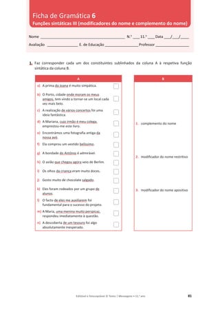 Editável e fotocopiável © Texto | Mensagens • 11.o
ano 81
1. Faz corresponder cada um dos constituintes sublinhados da coluna A à respetiva função
sintática da coluna B.
A B
a) A prima da Joana é muito simpática.
1. complemento do nome
2. modificador do nome restritivo
3. modificador do nome apositivo
b) O Porto, cidade onde moram os meus
amigos, tem vindo a tornar-se um local cada
vez mais belo.
c) A realização de vários concertos foi uma
ideia fantástica.
d) A Mariana, cujo irmão é meu colega,
emprestou-me este livro.
e) Encontrámos uma fotografia antiga da
nossa avó.
f) Ela comprou um vestido belíssimo.
g) A bondade do António é admirável.
h) O avião que chegou agora veio de Berlim.
i) Os olhos da criança eram muito doces.
j) Gosto muito de chocolate salgado.
k) Eles foram rodeados por um grupo de
alunos.
l) O facto de eles me auxiliarem foi
fundamental para o sucesso do projeto.
m) A Maria, uma menina muito perspicaz,
respondeu imediatamente à questão.
n) A descoberta de um tesouro foi algo
absolutamente inesperado.
Nome __________________________________________________ N.o
____11.o
____Data ____/____/_____
Avaliação __________________ E. de Educação ____________________Professor ____________________
Ficha de Gramática 6
Funções sintáticas III (modificadores do nome e complemento do nome)
 
