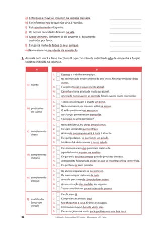 86 Editável e fotocopiável © Texto | Mensagens • 11.o
ano
g) Entreguei a chave ao inquilino na semana passada. __________________________
h) Ele informou-nos de que não viria à reunião. __________________________
i) Fui recentemente a Espanha. __________________________
j) Os nossos convidados ficaram na sala. __________________________
k) Meus senhores, lembrem-se de devolver o documento
assinado, por favor. __________________________
l) Ele gosta muito de todos os seus colegas. __________________________
m) Nomearam-no presidente da associação. __________________________
3. Assinala com um X a frase da coluna B cujo constituinte sublinhado não desempenha a função
sintática indicada na coluna A.
A B
a) sujeito
1. Fizemos o trabalho em equipa.
2. Na cerimónia de encerramento do ano letivo, foram premiados vários
alunos.
3. É urgente travar o aquecimento global.
4. Caminhar é uma atividade muito agradável.
5. A festa de homenagem ao cientista foi um evento muito concorrido.
b) predicativo
do sujeito
1. Todos consideravam o Duarte um génio.
2. Neste momento, os meninos estão na escola.
3. O avião continuava no aeroporto.
4. As crianças permaneciam tranquilas.
5. Ficas aqui ou vens connosco?
c) complemento
direto
1. Nesta biblioteca, há obras antiquíssimas.
2. Eles iam contando quem entrava.
3. A ideia de que ninguém virá à festa é absurda.
4. Eles perguntaram se queríamos um gelado.
5. Iniciámos há vários meses o nosso estudo.
d) complemento
indireto
1. Eles comunicaram-me que viriam mais tarde.
2. Agradeci muito a quem me auxiliou.
3. Ele garantiu aos seus amigos que não precisava de nada.
4. A descoberta foi revelada a todos os que se encontravam na conferência.
5. Ela penteou-se com cuidado.
e) complemento
oblíquo
1. Os alunos prepararam-se para o teste.
2. Os meus amigos trataram de tudo.
3. A escola precisava de computadores novos.
4. A concretização das medidas era urgente.
5. Todos contribuíram para o sucesso do projeto.
f) modificador
(do grupo
verbal)
1. Eles ficaram lá.
2. Comprei esta camisola aqui.
3. Mal chegámos a casa, tirámos os casacos.
4. Continuou a nevar durante vários dias.
5. Eles esforçaram-se muito para que tivessem uma boa nota.
 