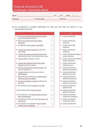 Editável e fotocopiável © Texto | Mensagens • 11.o
ano 95
1. Faz corresponder as orações sublinhadas em cada uma das frases da coluna A à sua
classificação na coluna B.
A B
a) A ave cujo comportamento estou a estudar é
praticamente desconhecida.
1. oração coordenada
b) Não sei se o horário do museu sofreu
alterações.
2. oração coordenada
conclusiva
c) Ele defende sempre quem é mais frágil. 3. oração coordenada
copulativa
d) A menos que tenha companhia, não farei a
caminhada.
4. oração coordenada
explicativa
e) A Maria (de quem sou amiga há vários anos)
não hesitou em abrir-me as portas da sua casa.
5. oração subordinada adjetiva
relativa restritiva
f) Calcei os ténis e comecei a correr. 6. oração subordinada adjetiva
relativa explicativa
g) Embora não esteja há muito tempo nesta
empresa, já fiz bons amigos.
7. oração subordinada
adverbial causal
h) Como as crianças vêm connosco à praia, vou
levar um guarda-sol.
8. oração subordinada
adverbial comparativa
i) O jardim que eles me levaram a visitar é
deslumbrante.
9. oração subordinada
adverbial concessiva
j) Não venho aqui há dez anos, portanto ainda
não tinha visto este edifício.
10.oração subordinada
adverbial condicional
k) Assim que souberes a resposta, telefona-me,
por favor.
11.oração subordinada
adverbial consecutiva
l) Ele acendeu a lareira e sentou-se no sofá. 12.oração subordinada
adverbial final
m) Ele desenha melhor do que escreve. 13.oração subordinada
adverbial temporal
n) Eles limparam a casa de tal maneira que esta
ficou irreconhecível.
14.oração subordinada
substantiva completiva
o) Não demores muito, por favor, que estou com
muita fome.
15.oração subordinada
substantiva relativa
p) Ele comprou um cronómetro para controlar
melhor os seus resultados.
16.oração subordinante
Nome __________________________________________________ N.o
____11.o
____Data ____/____/_____
Avaliação __________________ E. de Educação ____________________Professor ____________________
Ficha de Gramática 13
Coordenação e subordinação (global)
 