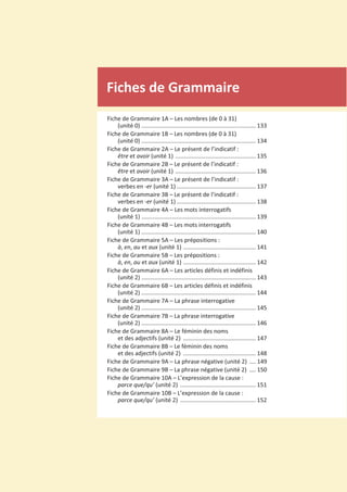 Fiches de Grammaire
Fiche de Grammaire 1A – Les nombres (de 0 à 31)
(unité 0) ....................................................................... 133
Fiche de Grammaire 1B – Les nombres (de 0 à 31)
(unité 0) ....................................................................... 134
Fiche de Grammaire 2A – Le présent de l’indicatif :
être et avoir (unité 1) .................................................. 135
Fiche de Grammaire 2B – Le présent de l’indicatif :
être et avoir (unité 1) .................................................. 136
Fiche de Grammaire 3A – Le présent de l’indicatif :
verbes en -er (unité 1) ................................................. 137
Fiche de Grammaire 3B – Le présent de l’indicatif :
verbes en -er (unité 1) ................................................. 138
Fiche de Grammaire 4A – Les mots interrogatifs
(unité 1) ....................................................................... 139
Fiche de Grammaire 4B – Les mots interrogatifs
(unité 1) ....................................................................... 140
Fiche de Grammaire 5A – Les prépositions :
à, en, au et aux (unité 1) ............................................. 141
Fiche de Grammaire 5B – Les prépositions :
à, en, au et aux (unité 1) ............................................. 142
Fiche de Grammaire 6A – Les articles définis et indéfinis
(unité 2) ....................................................................... 143
Fiche de Grammaire 6B – Les articles définis et indéfinis
(unité 2) ....................................................................... 144
Fiche de Grammaire 7A – La phrase interrogative
(unité 2) ....................................................................... 145
Fiche de Grammaire 7B – La phrase interrogative
(unité 2) ....................................................................... 146
Fiche de Grammaire 8A – Le féminin des noms
et des adjectifs (unité 2) ............................................. 147
Fiche de Grammaire 8B – Le féminin des noms
et des adjectifs (unité 2) ............................................. 148
Fiche de Grammaire 9A – La phrase négative (unité 2) .... 149
Fiche de Grammaire 9B – La phrase négative (unité 2) .... 150
Fiche de Grammaire 10A – L’expression de la cause :
parce que/qu’ (unité 2) ............................................... 151
Fiche de Grammaire 10B – L’expression de la cause :
parce que/qu’ (unité 2) ............................................... 152
 