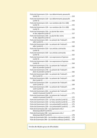 Fiche de Grammaire 11A – Les déterminants possessifs
(unité 3) ....................................................................... 153
Fiche de Grammaire 11B – Les déterminants possessifs
(unité 3) ....................................................................... 154
Fiche de Grammaire 12A – Les nombres (de 31 à 100)
(unité 3) ....................................................................... 155
Fiche de Grammaire 12B – Les nombres (de 31 à 100)
(unité 3) ....................................................................... 156
Fiche de Grammaire 13A – Le pluriel des noms
et des adjectifs (unité 3) ............................................. 157
Fiche de Grammaire 13B – Le pluriel des noms
et des adjectifs (unité 3) ............................................. 158
Fiche de Grammaire 14A – Le présent de l’indicatif :
aller (unité 4) ............................................................... 159
Fiche de Grammaire 14B – Le présent de l’indicatif :
aller (unité 4) ............................................................... 160
Fiche de Grammaire 15A – Les articles contractés
(unité 4) ....................................................................... 161
Fiche de Grammaire 15B – Les articles contractés
(unité 4) ....................................................................... 162
Fiche de Grammaire 16A – Les expressions d’opinion
(unité 4) ....................................................................... 163
Fiche de Grammaire 16B – Les expressions d’opinion
(unité 4) ....................................................................... 164
Fiche de Grammaire 17A – Le présent de l’indicatif :
faire et prendre (unité 4) ............................................ 165
Fiche de Grammaire 17B – Le présent de l’indicatif :
faire et prendre (unité 4) ............................................ 166
Fiche de Grammaire 18A – Le présent de l’indicatif :
finir (unité 5) ............................................................... 167
Fiche de Grammaire 18B – Le présent de l’indicatif :
finir (unité 5) ............................................................... 168
Fiche de Grammaire 19A – Le présent de l’indicatif :
sortir (unité 5) ............................................................. 169
Fiche de Grammaire 19B – Le présent de l’indicatif :
sortir (unité 5) ............................................................. 170
Fiche de Grammaire 20A – Le présent de l’indicatif :
vouloir et pouvoir (unité 5) ......................................... 171
Fiche de Grammaire 20B – Le présent de l’indicatif :
vouloir et pouvoir (unité 5) ......................................... 172
Fiche de Grammaire 21A – Le futur proche (unité 6) ........ 173
Fiche de Grammaire 21B – Le futur proche (unité 6) ........ 174
Fiche de Grammaire 22A – Les présentatifs (unité 6) ....... 175
Fiche de Grammaire 22B – Les présentatifs (unité 6) ....... 176
Fiche de Grammaire 23A – Les expressions très /
beaucoup (de/d’) (unité 6) ........................................... 177
Fiche de Grammaire 23B – Les expressions très /
beaucoup (de/d’) (unité 6) ........................................... 178
Fiche de Grammaire 24A – Les nombres ordinaux (unité 6) ... 179
Fiche de Grammaire 24B – Les nombres ordinaux (unité 6) ... 180
Versões A e B (dois graus de dificuldade)
 