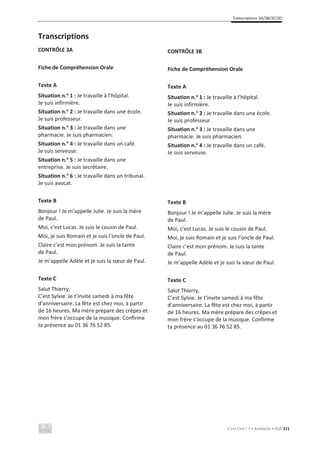 Transcriptions 3A/3B/3C/3D
C’est Cool ! 7 • Avaliação • ASA 311
Transcriptions
CONTRÔLE 3A
Fiche de Compréhension Orale
Texte A
Situation n.o
1 : Je travaille à l’hôpital.
Je suis infirmière.
Situation n.o
2 : Je travaille dans une école.
Je suis professeur.
Situation n.o
3 : Je travaille dans une
pharmacie. Je suis pharmacien.
Situation n.o
4 : Je travaille dans un café.
Je suis serveuse.
Situation n.o
5 : Je travaille dans une
entreprise. Je suis secrétaire.
Situation n.o
6 : Je travaille dans un tribunal.
Je suis avocat.
Texte B
Bonjour ! Je m’appelle Julie. Je suis la mère
de Paul.
Moi, c’est Lucas. Je suis le cousin de Paul.
Moi, je suis Romain et je suis l’oncle de Paul.
Claire c’est mon prénom. Je suis la tante
de Paul.
Je m’appelle Adèle et je suis la sœur de Paul.
Texte C
Salut Thierry,
C’est Sylvie. Je t’invite samedi à ma fête
d’anniversaire. La fête est chez moi, à partir
de 16 heures. Ma mère prépare des crêpes et
mon frère s’occupe de la musique. Confirme
ta présence au 01 36 76 52 85.
CONTRÔLE 3B
Fiche de Compréhension Orale
Texte A
Situation n.o
1 : Je travaille à l’hôpital.
Je suis infirmière.
Situation n.o
2 : Je travaille dans une école.
Je suis professeur.
Situation n.o
3 : Je travaille dans une
pharmacie. Je suis pharmacien.
Situation n.o
4 : Je travaille dans un café.
Je suis serveuse.
Texte B
Bonjour ! Je m’appelle Julie. Je suis la mère
de Paul.
Moi, c’est Lucas. Je suis le cousin de Paul.
Moi, je suis Romain et je suis l’oncle de Paul.
Claire c’est mon prénom. Je suis la tante
de Paul.
Je m’appelle Adèle et je suis la sœur de Paul.
Texte C
Salut Thierry,
C’est Sylvie. Je t’invite samedi à ma fête
d’anniversaire. La fête est chez moi, à partir
de 16 heures. Ma mère prépare des crêpes et
mon frère s’occupe de la musique. Confirme
ta présence au 01 36 76 52 85.
 