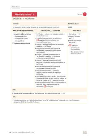 Planos de aula
32 C’est Cool ! 7 • Projeto C’est Cool ! • ASA
Plano de aula n.o
7 50 min.
Unidade: 1 – Je me présente !
Sumário Perfil do Aluno
As saudações: cumprimentar, despedir-se, perguntar e responder como está. A/B/E
APRENDIZAGENS ESSENCIAIS CONTEÚDOS / ATIVIDADES RECURSOS
• Competência Comunicativa:
- Compreensão Oral
- Compreensão Escrita
- Interação Oral
• Competência Intercultural
• Verificação e esclarecimento de dúvidas sobre
o trabalho de casa.
• Projeção da apresentação Les salutations
( ) e sistematização das
informações essenciais.
• Audição e repetição das formas de saudação
da página 18 do Manual.
• Realização da atividade 2 da página 18
do Manual e respetiva correção, através
da atividade 3.
• Audição e repetição das expressões do
“Je prononce” da página 18 do Manual
e distinção dos sons [u] e [ou].
• Audição e repetição das expressões para
perguntar e responder como está da página 19
do Manual.
• Realização da atividade 5 da página 19
do Manual e respetiva correção.
• Realização da atividade “À ton tour !”
(simulação de um diálogo) da página 19
do Manual.
• Apresentação do “Info Cultures”, realização das
atividades da ficha “Se faire la bise en France” do
Carnet de Voyage (p. IV) e respetiva correção.
• Realização de atividade lúdica para consolidação
do léxico: quiz – La présentation et les
salutations ( ).
• Manual, pp. 18-19
• Cahier d’Activités,
pp. 9-13
• Dossiê do Professor,
pp. 93-94
•
- Apresentação:
Les salutations
- Quiz: La présentation
et les salutations
TPC
• Realização das atividades da ficha “Les salutations” do Cahier d’Activités (pp. 12-13).
Obs.
• Poderá disponibilizar-se a Fiche de Vocabulaire 5A ou 5B “Les salutations” (de acordo com o perfil do aluno),
das páginas 93-94 do Dossiê do Professor.
 