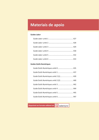 Materiais de apoio
Guides Labo+
Guide Labo+ unité 1 ..................................................... 427
Guide Labo+ unité 2 ..................................................... 428
Guide Labo+ unité 3 ..................................................... 429
Guide Labo+ unité 4 ..................................................... 430
Guide Labo+ unité 5 ..................................................... 432
Guide Labo+ unité 6 ..................................................... 433
Guides Outils Numériques
Guide Outils Numériques unité 0................................. 435
Guide Outils Numériques unité 1................................. 437
Guide Outils Numériques unité 2 (1)............................ 439
Guide Outils Numériques unité 2 (2)............................ 440
Guide Outils Numériques unité 3................................. 442
Guide Outils Numériques unité 4 ................................ 444
Guide Outils Numériques unité 5................................. 445
Guide Outils Numériques unité 6................................. 447
Disponível em formato editável em
 