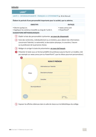 Guides Labo+
428 C’est Cool ! 7 • Materiais de apoio • ASA
LABO+
UNITÉ 2 – INTERDISCIPLINARITÉ ͗ZE/^ў/dKzEEd (p. 48 do Manual)
Élabore le portrait d’une personnalité importante pour la société, que tu admires.
OBJECTIFS OUTIL(S)
• Décrire quelqu’un.
• Appliquer les contenus travaillés au long de l’unité 2.
• www.canva.com
• PowerPoint®
SUGGESTIONS MÉTHODOLOGIQUES
Établir la liste des personnalités à présenter, en cours de citoyenneté.
Faire des recherches, individuellement ou en binôme, pour obtenir des informations
concernant l’identité, la nationalité, la description physique, le caractère, l’œuvre
ou la profession de la personne choisie.
Rédiger et corriger le texte de présentation, en cours de français.
Présenter le texte sous un format prédéfini (le professeur pourra fournir un modèle, créé
par exemple sur www.canva.com ou PowerPoint®, que les élèves pourront personnaliser).
Exposer les affiches obtenues dans la salle de classe ou à la bibliothèque du collège.
4
1
2
3
4
5
 