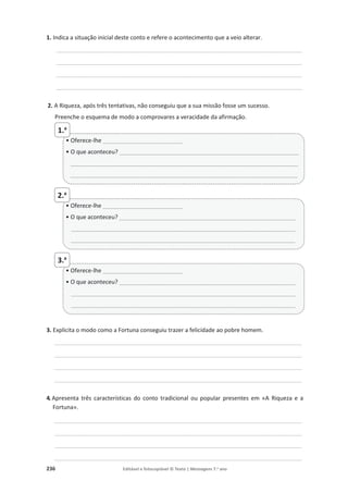 236 Editável e fotocopiável © Texto | Mensagens 7.o
ano
1. Indica a situação inicial deste conto e refere o acontecimento que a veio alterar.
____________________________________________________________________________________________________________________________________________
____________________________________________________________________________________________________________________________________________
____________________________________________________________________________________________________________________________________________
____________________________________________________________________________________________________________________________________________
2. A Riqueza, após três tentativas, não conseguiu que a sua missão fosse um sucesso.
Preenche o esquema de modo a comprovares a veracidade da afirmação.
3. Explicita o modo como a Fortuna conseguiu trazer a felicidade ao pobre homem.
_____________________________________________________________________________________________________________________________________________
_____________________________________________________________________________________________________________________________________________
_____________________________________________________________________________________________________________________________________________
_____________________________________________________________________________________________________________________________________________
4. Apresenta três características do conto tradicional ou popular presentes em «A Riqueza e a
Fortuna».
_____________________________________________________________________________________________________________________________________________
_____________________________________________________________________________________________________________________________________________
_____________________________________________________________________________________________________________________________________________
_____________________________________________________________________________________________________________________________________________
• Oferece-lhe _________________________
• O que aconteceu? ________________________________________________________
_______________________________________________________________________
_______________________________________________________________________
• Oferece-lhe _________________________
• O que aconteceu? _______________________________________________________
______________________________________________________________________
______________________________________________________________________
• Oferece-lhe _________________________
• O que aconteceu? _______________________________________________________
______________________________________________________________________
______________________________________________________________________
2.a
3.a
1.a
 