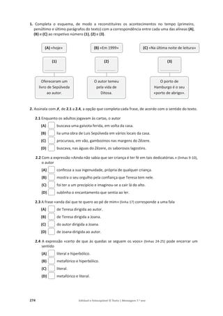 274 Editável e fotocopiável © Texto | Mensagens 7.o
ano
1. Completa o esquema, de modo a reconstituíres os acontecimentos no tempo (primeiro,
penúltimo e último parágrafos do texto) com a correspondência entre cada uma das alíneas (A),
(B) e (C) ao respetivo número (1), (2) e (3).
2. Assinala com‫ݵ‬, de 2.1 a 2.4, a opção que completa cada frase, de acordo com o sentido do texto.
2.1 Enquanto os adultos jogavam às cartas, o autor
(A) buscava uma gaivota ferida, em volta da casa.
(B) lia uma obra de Luis Sepúlveda em vários locais da casa.
(C) procurava, em vão, gambozinos nas margens do Zêzere.
(D) buscava, nas águas do Zêzere, os saborosos lagostins.
2.2 Com a expressão «Ainda não sabia que ser criança é ter fé em tais dedicatórias.» (linhas 9-10),
o autor
(A) confessa a sua ingenuidade, própria de qualquer criança.
(B) mostra o seu orgulho pela confiança que Teresa tem nele.
(C) foi ter a um precipício e imaginou-se a cair lá do alto.
(D) sublinha o encantamento que sentia ao ler.
2.3 A frase «anda daí que te quero ao pé de mim» (linha 17) corresponde a uma fala
(A) de Teresa dirigida ao autor.
(B) de Teresa dirigida a Joana.
(C) do autor dirigida a Joana.
(D) de Joana dirigida ao autor.
2.4 A expressão «certo de que às quedas se seguem os voos» (linhas 24-25) pode encerrar um
sentido
(A) literal e hiperbólico.
(B) metafórico e hiperbólico.
(C) literal.
(D) metafórico e literal.
(A) «hoje»
(1)
_________
Ofereceram um
livro de Sepúlveda
ao autor.
(B) «Em 1999»
(2)
_________
O autor temeu
pela vida de
Ditosa.
(C) «Na última noite de leitura»
(3)
_________
O porto de
Hamburgo é o seu
«porto de abrigo».
 