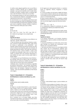 Editável e fotocopiável © Texto | Mensagens 7.o
ano 315
A «velha» comeu algumas galinhas com as suas filhas e
retornou à Rainha, dizendo que as galinhas tinham
contado o caso que ela mantinha com o Conde Cabra.
A Rainha, em pânico, mandou matar as restantes gali-
nhas e deu-lhe dinheiro e dotes para as suas filhas.
4. A onomatopeia destaca os sons que as galinhas emi-
tem; a maneira de elas «falarem», nomeadamente quando
supostamente denunciam o caso da Rainha.
5. Concretizaram-se as suas palavras, pois foi por causa
de estar ao postigo que soube da infidelidade da Rainha.
Foi esta informação que proporcionou engendrar um plano
para comer as galinhas, extorquir dinheiro à Rainha e
ainda arranjar bons dotes para casar as filhas.
Grupo II
1. (C).
2. (A), (D) e (E).
3. a. – 5; b. – 3; c. – 4; d. – 7; e. – 8; f. – 1; g. – 6; h. – 2.
4. A cadela de raça beagle é uma campeã audaz.
Grupo III
Sugestão de tópicos
• Grau de importância das histórias na tua infância e na
vida atual – grande, média, baixa…
• Tipo de histórias que mais aprecias (histórias român-
ticas, aventuras, banda desenhada, filmes, jogos, letras
de música…), justificando a tua preferência – por
exemplo: prefiro histórias de aventuras porque me sinto
como se vivesse essas façanhas; gosto, por exemplo, da
banda desenhada do Astérix. Para além das aventuras,
tem bastante humor, aprecio também o modo como
as palavras são alteradas, todas com ix no final. Final-
mente, as histórias têm uma vertente sobrenatural, o
que também me apraz: quem me dera poder beber a
poção mágica!
• A frequência com que lês/vês/ouves essas histórias –
por exemplo: Gosto de ler todos os dias um bocadinho
antes de dormir, acalma-me. Também vou ler quando a
minha mãe me diz que não há mais computador…
• Reflexão sobre a importância das histórias e sugestões
de histórias interessantes – por exemplo: Recomendo,
obviamente, as aventuras do Astérix, mas também as da
Marvel, como, por exemplo, o Batman ou o Homem-
-Aranha… Têm uma excelente qualidade ao nível textual
e de imagem.
Teste 5: Subunidade 2.2 – O Cavaleiro
da Dinamarca e outras narrativas 1 (p. 247)
Grupo I
Texto A
1.1 (B); 1.2 (A); 1.3 (C); 1.4 (B); 1.5 (D).
Texto B
1. (B).
2. Filippo é o narrador desta história e, como não parti-
cipa na ação e narra-a na 3.a pessoa («tinha», «atraves-
saram», «voltou»), é um narrador não participante.
3. Dante sofreu muito com a morte da sua amada Beatriz
ainda jovem, desgosto este que o conduziu a «uma vida
de loucuras e de erros», sem qualquer rumo, o que
justifica o ter-se perdido naquela floresta.
3.1 A «sombra» era a do poeta Virgílio, que tinha
morrido há muito tempo, cuja missão era conduzir Dante
até ao local onde se encontrava Beatriz.
4. Os lugares por onde passaram Dante e a «sombra»
foram os seguintes: Inferno, Purgatório e Paraíso
Terrestre.
5. «Trazia na cabeça um véu branco cingido de oliveira,
os seus ombros estavam cobertos por um manto verde e
o seu vestido era da cor da chama viva» (ll. 24-26). O pro-
cesso é a caracterização direta.
6. Dante, quando regressou à Terra, respeitou o pedido
de Beatriz ao narrar num livro intitulado A Divina Comé-
dia a sua incrível viagem através do reino dos mortos.
Grupo II
1. a. – 3; b. – 4; c. – 1; d. – 2.
2. a. complemento oblíquo; b. predicativo do sujeito;
c. complemento indireto; d. complemento direto.
3.1 (C); 3.2 (A).
4. a. orações coordenadas disjuntivas; b. oração coorde-
nada explicativa; c. oração coordenada conclusiva; d. oração
coordenada adversativa.
Grupo III
Sugestão de tópicos
• As histórias influenciam o ser humano, levando-o,
inclusivamente, a agir ou a adotar um determinado com-
portamento.
• As pessoas identificam-se, muitas vezes, com as situa-
ções narradas nas histórias por encontrarem seme-
lhanças com a sua própria vivência.
• Na história de Dante recorre-se a uma alegoria (mito)
para mostrar que há consequências negativas para
quem pratica o mal ou age incorretamente (para além
dos que estão no Inferno, temos o próprio Dante, cuja
«vida de loucuras e erros»o levou aperder-se na «floresta
escura e selvagem») e recompensas para quem pratica
o bem, pondo o leitor a pensar.
• Na hora de agir, talvez as pessoas se lembrem da
história e pensem duas vezes antes de fazerem algo
errado.
• …
Teste 6: Subunidade 2.2 – O Cavaleiro
da Dinamarca e outras narrativas 2 (p. 255)
Grupo I
Texto A
1.1 (B);
1.2 (D);
1.3 (A);
1.4 (B);
1.5 (C).
Texto B
1. Tempo – noite de Natal; espaço – gruta em Belém, em
Jerusalém.
2. Exemplos de dois pedidos do Cavaleiro a Deus: que o
tornasse um melhor homem («Pediu a Deus que o fizesse
um homem de boa vontade, um homem de vontade
clara e direita, capaz de amar os outros.», ll. 10-11) e que
fosse conduzido são e salvo à sua família («E pediu
também aos Anjos que o protegessem e guiassem na
viagem de regresso, para que, daí a um ano, ele pudesse
celebrar o Natal na sua casa com os seus.», ll. 11-13).
3. A viagem de regresso do Cavaleiro foi adiada por causa
das más condições atmosféricas: «Em Jafa foram obri-
gados a esperar pelo bom tempo e só embarcaram em
meados de março.» (l. 19).
 