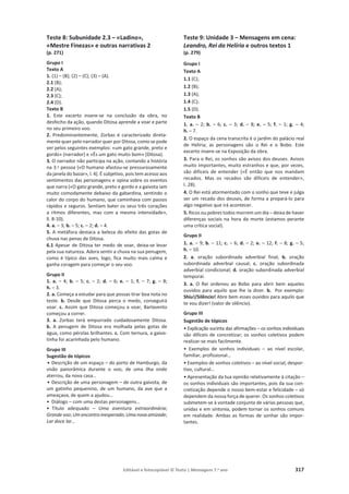 Editável e fotocopiável © Texto | Mensagens 7.o
ano 317
Teste 8: Subunidade 2.3 – «Ladino»,
«Mestre Finezas» e outras narrativas 2
(p. 271)
Grupo I
Texto A
1. (1) – (B); (2) – (C); (3) – (A).
2.1 (B);
2.2 (A);
2.3 (C);
2.4 (D).
Texto B
1. Este excerto insere-se na conclusão da obra, no
desfecho da ação, quando Ditosa aprende a voar e parte
no seu primeiro voo.
2. Predominantemente, Zorbas é caracterizado direta-
mente quer pelo narrador quer por Ditosa, como se pode
ver pelos seguintes exemplos: «um gato grande, preto e
gordo» (narrador) e «És um gato muito bom» (Ditosa).
3. O narrador não participa na ação, contando a história
na 3.a pessoa («O humano afastou-se pressurosamente
da janela do bazar», l. 4). É subjetivo, pois tem acesso aos
sentimentos das personagens e opina sobre os eventos
que narra («O gato grande, preto e gordo e a gaivota iam
muito comodamente debaixo da gabardina, sentindo o
calor do corpo do humano, que caminhava com passos
rápidos e seguros. Sentiam bater os seus três corações
a ritmos diferentes, mas com a mesma intensidade»,
ll. 8-10).
4. a. – 3; b. – 5; c. – 2; d. – 4.
5. A metáfora destaca a beleza do efeito das gotas de
chuva nas penas de Ditosa.
6.1 Apesar de Ditosa ter medo de voar, deixa-se levar
pela sua natureza. Adora sentir a chuva na sua penugem,
como é típico das aves, logo, fica muito mais calma e
ganha coragem para começar o seu voo.
Grupo II
1. a. – 4; b. – 5; c. – 2; d. – 6; e. – 1; f. – 7; g. – 8;
h. – 3.
2. a. Começa a estudar para que possas tirar boa nota no
teste. b. Desde que Ditosa perca o medo, conseguirá
voar. c. Assim que Ditosa começou a voar, Barlavento
começou a correr.
3. a. Zorbas terá empurrado cuidadosamente Ditosa.
b. A penugem de Ditosa era molhada pelas gotas de
água, como pérolas brilhantes. c. Com ternura, a gaivo-
tinha foi acarinhada pelo humano.
Grupo III
Sugestão de tópicos
• Descrição de um espaço – do porto de Hamburgo, da
visão panorâmica durante o voo, de uma ilha onde
aterrou, da nova casa…
• Descrição de uma personagem – de outra gaivota, de
um gatinho pequenino, de um humano, da ave que a
ameaçava, de quem a ajudou…
• Diálogo – com uma destas personagens…
• Título adequado – Uma aventura extraordinária;
Grande voo;Um encontro inesperado;Uma nova amizade;
Lar doce lar…
Teste 9: Unidade 3 – Mensagens em cena:
Leandro, Rei da Helíria e outros textos 1
(p. 279)
Grupo I
Texto A
1.1 (C);
1.2 (B);
1.3 (A);
1.4 (C);
1.5 (D).
Texto B
1. a. – 2; b. – 6; c. – 3; d. – 8; e. – 5; f. – 1; g. – 4;
h. – 7.
2. O espaço da cena transcrita é o jardim do palácio real
de Helíria; as personagens são o Rei e o Bobo. Este
excerto insere-se na Exposição da obra.
3. Para o Rei, os sonhos são avisos dos deuses. Avisos
muito importantes, muito estranhos e que, por vezes,
são difíceis de entender («É então que nos mandam
recados. Mas os recados são difíceis de entender»,
l. 28).
4. O Rei está atormentado com o sonho que teve e julga
ser um recado dos deuses, de forma a prepará-lo para
algo negativo que irá acontecer.
5. Ricos ou pobres todos morrem um dia – deixa de haver
diferenças sociais na hora da morte (estamos perante
uma crítica social).
Grupo II
1. a. – 9; b. – 11; c. – 6; d. – 2; e. – 12; f. – 8; g. – 5;
h. – 10.
2. a. oração subordinada adverbial final; b. oração
subordinada adverbial causal; c. oração subordinada
adverbial condicional; d. oração subordinada adverbial
temporal.
3. a. O Rei ordenou ao Bobo para abrir bem aqueles
ouvidos para aquilo que lhe ia dizer. b. Por exemplo:
Shiu!/Silêncio! Abre bem esses ouvidos para aquilo que
te vou dizer! (valor de silêncio).
Grupo III
Sugestão de tópicos
• Explicação sucinta das afirmações – os sonhos individuais
são difíceis de concretizar; os sonhos coletivos podem
realizar-se mais facilmente.
• Exemplos de sonhos individuais – ao nível escolar,
familiar, profissional…
• Exemplos de sonhos coletivos – ao nível social, despor-
tivo, cultural…
• Apresentação da tua opinião relativamente à citação –
os sonhos individuais são importantes, pois da sua con-
cretização depende o nosso bem-estar e felicidade – só
dependem da nossa força de querer. Os sonhos coletivos
submetem-se à vontade conjunta de várias pessoas que,
unidas e em sintonia, podem tornar os sonhos comuns
em realidade. Ambas as formas de sonhar são impor-
tantes.
 