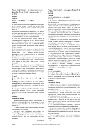 318 Editável e fotocopiável © Texto | Mensagens 7.o
ano
Teste 10: Unidade 3 – Mensagens em cena:
Leandro, Rei da Helíria e outros textos 2
(p. 289)
Grupo I
Texto A
1.1 (D); 1.2 (B); 1.3 (B); 1.4 (C); 1.5 (D).
Texto B
1. O Rei Leandro ficou furioso com a forma como estava
a ser recebido porque a comida era horrível, facto
justificado por Violeta ao referir que nenhum dos pratos
tinha sal.
1.1 Ao ouvir aquelas palavras, de imediato o Rei recorda
as palavras antigas, aqui reproduzidas por «vozes», e,
«cada vez mais espantado» e ansioso, pede à jovem que
se identifique e que lhe diga que reino é aquele.
2. Dá-se uma inversão de papéis quando o Bobo se
recusa a obedecer à ordem do Rei para se calar, dizendo
que nunca lhe disse nada, mesmo nos momentos em que
fazia várias asneiras. Agora, seria a vez dele de lhe dar
ordens, dizendo-lhe que reconhecesse o mal que fez à
filha no passado.
3. O recurso expressivo presente no aparte do Bobo
(«Por acaso houve alturas em que o coração esteve… um
bocado vesgo.», l. 28) é a metáfora, através da qual a
personagem critica a atuação do Rei por ter colocado a
bajulação acima do amor.
4. O Rei Leandro expulsou Violeta por não ter percebido
o valor das suas simples palavras nem a dimensão do seu
amor quando ela referiu que o queria como a comida
quer o sal.
5. O ensinamento é «Quem ama, senhor, não deve pedir
nada em troca desse amor.» (l. 42), uma crítica ao pai por
tencionar medir o amor das filhas por si e, depois, deixar-
-se deslumbrar por palavras elogiosas, mas falsas, desva-
lorizando as de Violeta por não compreender o seu signi-
ficado, e acabando por expulsá-la do reino.
Grupo II
1. a. – 2; b. – 8; c. – 5; d. – 1; e. – 4; f. – 7; g. – 6;
h. – 3.
2./2.1 (A) «Leandro»: modificador do nome restritivo;
(B) «que lhe eram servidas»: modificador do nome aposi-
tivo; (D) «que faltava na comida»: modificador do nome
restritivo.
3. a. oração subordinada adverbial temporal; b. oração
subordinada adverbial causal; c. oração subordinada
adverbial condicional; d. oração subordinada adverbial
final.
Grupo III
Sugestão de resumo
Na época da monarquia, com a instabilidade e os
conflitos existentes, não havia tempo para rir, sendo
essencial o papel de bobo da corte na diversão dos
monarcas.
Os bobos atuavam quando o monarca queria, inclusiva-
mente durante as refeições.
Na corte, eram privilegiados, pois podiam ridi-
cularizar figuras de autoridade sem sofrer castigos.
A sua profissão era das poucas que permitia a
ascensão social e ter uma deformidade era uma
vantagem.
(70 palavras)
Teste 11: Unidade 4 – Mensagens da poesia 1
(p. 297)
Grupo I
Texto A
1.1 (D); 1.2 (B); 1.3 (B); 1.4 (C); 1.5 (D).
Texto B
1. Os pares são: as fontes e o rio, o rio e o mar, as brisas
que se unem no ar.
2. A conclusão a que o sujeito poético chega é a seguinte:
«Nada no mundo é sozinho: / por sublime lei do Céu, /
tudo frui outro carinho…» (vv. 5-7). Isto é, de acordo com
uma lei universal (lei divina), todos os elementos da
Natureza estão unidos aos pares pelo carinho, pelo amor.
2.1 O sujeito, após constatar que tudo na Natureza é
contemplado com o amor, interroga-se sobre a razão de
ele não o alcançar, ou seja, de não usufruir também ele
do amor.
3. A argumentação surge reforçada com os exemplos da
ligação entre «os montes» e o «vasto azul», «as vagas»
que se beijam e se abraçam aos rochedos.
4. O sujeito dirige-se a um «tu», a um interlocutor, como se
pode verificar pelo uso de verbos na segunda pessoa do
singular («Olha», «verás» e «dás») e do pronome pessoal
«tu». Este alguém poderá ser a pessoa amada que não
corresponde ao seu amor ou que se encontra longe dele.
5. Com a interrogação final, o sujeito poético assume a
sua solidão e lamenta-se por não receber da pessoa a
quem se dirige os beijos que se observam na Natureza,
confirmando a não correspondência amorosa ou a ausên-
cia do ser amado e contrariando a lei universal que deter-
mina que todos os seres têm direito ao amor.
6. a. oitavas; b. ababcdcd / efefghgh; c. cruzada,
alternadamente; d. heptassílabos, redondilha maior,
«Na /da / no / mun /do é / so / zi / nho».
Grupo II
1.1 (B); 1.2 (C), 1.3 (D).
2. a. – 4; b. – 6; c. – 5; d. – 1; e. – 7; f. – 3; g. – 2; h. – 5.
3. a. relativa; antecedente: «umas bolas de Berlim»; b. ex-
plicativa; antecedente: «As praias fluviais»; c. restritiva;
antecedente: «todas as praias».
Grupo III
Sugestão de tópicos
• A paixão pelo mar surge no primeiro vislumbre e
nunca esmorece, pelo contrário, aumenta a cada dia, por
isso, é como um feiticeiro que nos aprisiona para a vida
com o seu feitiço.
• As crianças sonham com o dia em que verão o mar
pela primeira vez e, quando realizam esse sonho, ficam
deslumbradas, como se aquele momento encerrasse toda
a felicidade existente no mundo.
• O mar tem um grande poder sobre nós: atrai de tal
forma que nos é difícil sair da sua beira; acalma-nos,
parece que nos liberta de todos os problemas, nem que
seja por breves instantes.
• Traz, como referido no texto «O bem que o mar faz»,
variadíssimos benefícios para a saúde física e mental.
• No entanto, o mar tem uma grande força e um grande
poder destrutivo: tempestades, tsunamis que facilmente
destroem pequenas e grandes embarcações, bem como
as zonas costeiras.
• Devemos respeitar o mar, estar conscientes da sua
força e ter todos os cuidados quando nos encontramos
dentro dele.
• …
 