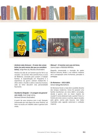 Fotocopiável © Texto | Mensagens 7.o
ano 411
- António Lobo Antunes – O amor das coisas
belas (ou pelo menos das que eu considero
belas), Jorge Reis-Sá, Nicolau (ilustrador)
História da vida de um homem que foi fiel à sua
vocação – ser escritor. Pelo caminho ficou o curso
de Medicina, concluído para cumprir a tradição
familiar. A especialização em Psiquiatria e a
experiência da guerra colonial moldam-lhe o
olhar sobre o mundo e sobre a natureza humana;
cabe ao leitor descobrir esta personalidade
fascinante.
- Humberto Delgado – A coragem do general
sem medo, José Jorge Letria,
Richard Câmara (ilustrador)
A partir de uma conversa com o avô, Gonçalo,
interessado por esta figura da nossa História, vai
fazer na escola um trabalho sobre o general sem
medo.
- Manuel – O menino com asas de livros,
Joana Lopes e Mafalda Milhões
Biografia romanceada e ilustrada do padre
Manuel Antunes desde a sua infância modesta
até à consagração como humanista, pensador e
pedagogo.
- Os Romanov – 1613-1825,
Simon Sebag Montefiore
Os Romanov foram a mais bem sucedida dinastia
dos tempos modernos. Como foi possível uma
família transformar um reino débil e arruinado,
devido à guerra civil, no maior império do
mundo? E como deitaram tudo a perder? Esta é a
história de vinte czares e czarinas, alguns tocados
pelo génio, outros pela loucura, mas todos
inspirados pela sagrada autocracia e ambição
imperial.
 