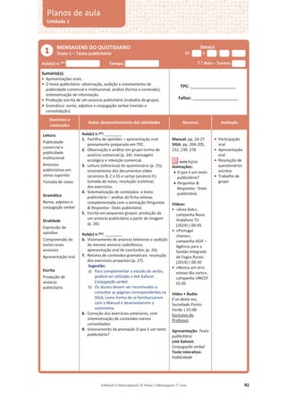 Editável e fotocopiável © Texto | Mensagens 7.o
ano 41
MENSAGENS DO QUOTIDIANO
Texto 1 – Texto publicitário
Data(s)
de a / /
Aula(s) n.o(s)
Tempo: 7.o
Ano – Turma:
Sumário(s):
• Apresentações orais.
• O texto publicitário: observação, audição e visionamento de
publicidade comercial e institucional; análise (forma e conteúdo);
sistematização de informação.
• Produção escrita de um anúncio publicitário (trabalho de grupo).
• Gramática: nome, adjetivo e conjugação verbal (revisão e
consolidação).
TPC: ___________________
Faltas: ___________________
Domínios e
conteúdos
Aulas: desenvolvimento das atividades Recursos Avaliação
Leitura
Publicidade
comercial e
publicidade
institucional
Anúncios
publicitários em
vários suportes
Tomada de notas
Gramática
Nome, adjetivo e
conjugação verbal
Oralidade
Expressão de
opiniões
Compreensão de
textos orais:
anúncios
Apresentação oral
Escrita
Produção de
anúncio
publicitário
Aula(s) n.o(s): ________
1. Partilha de opiniões – apresentação oral
previamente preparada em TPC.
2. Observação e análise em grupo-turma de
anúncio comercial (p. 24): mensagem
ecológica e intenção comercial.
3. Leitura (silenciosa) do questionário (p. 25);
visionamento dos documentos vídeo
(anúncios B, C e D) e cartaz (anúncio E);
tomada de notas; resolução (coletiva)
dos exercícios.
4. Sistematização de conteúdos: o texto
publicitário – análise da ficha-síntese,
complementada com a animação Perguntas
 Respostas: Texto publicitário.
5. Escrita em pequenos grupos: produção de
um anúncio publicitário a partir de imagem
(p. 26).
Aula(s) n.o(s): ________
6. Visionamento de anúncio televisivo e audição
do mesmo anúncio radiofónico;
apresentação oral de conclusões (p. 26).
7. Retoma de conteúdos gramaticais: resolução
dos exercícios propostos (p. 27).
Sugestão:
a) Para complementar o estudo do verbo,
poderá ser utilizado o link Kahoot
Conjugação verbal.
b) Os alunos devem ser incentivados a
consultar as páginas correspondentes na
SIGA, como forma de se familiarizarem
com o Manual e desenvolverem a
autonomia.
8. Correção dos exercícios anteriores, com
sistematização de conteúdos menos
consolidados.
9. Visionamento da animação O que é um texto
publicitário?
Manual: pp. 24-27
SIGA: pp. 204-205,
232, 238, 278
Animações:
x O que é um texto
publicitário?
x Perguntas 
Respostas: Texto
publicitário
Vídeos:
• «Área Kids»,
campanha Nova
Vodafone TV
(2019) | 00:45
• «Portugal
chama»,
campanha AGIF –
Agência para a
Gestão Integrada
de Fogos Rurais
(2019) | 00:30
• «Nunca um erro
esteve tão certo»,
campanha UNICEF
01:05
Vídeo • Áudio:
É só desta vez,
Sociedade Ponto
Verde | 01:00
Exclusivo do
Professor
Apresentação: Texto
publicitário
Link Kahoot:
Conjugação verbal
Teste interativo:
Publicidade
• Participação
oral
• Apresentação
oral
• Resolução de
questionários
escritos
• Trabalho de
grupo
1
Planos de aula
Unidade 1
 