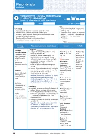 44 Editável e fotocopiável © Texto | Mensagens 7.o
ano
TEXTO NARRATIVO – HISTÓRIAS COM MENSAGENS
2.1 NARRATIVAS TRADICIONAIS
Texto 1 – «O sal e a água», de Teófilo Braga (recolha)
Data(s)
de a / /
Aula(s) n.o(s)
Tempo: 7.o
Ano – Turma:
Sumário(s):
• Início do estudo do conto tradicional: ponto de partida.
• Audição, leitura e análise do conto «O sal e a água».
• Gramática: nome, adjetivo, preposição e constituintes da frase.
• Atividade de compreensão oral.
• O conto tradicional: características e estrutura.
• Produção escrita de um pequeno conto.
TPC:
• Conclusão/produção de um pequeno
conto (p. 45).
• Consolidação dos tópicos de gramática
«Nome» e «Adjetivo» – realização das
Fichas n.os 5 e 8 do Caderno de
Atividades.
Faltas: ________________________
Domínios e
conteúdos
Aulas: desenvolvimento das atividades Recursos Avaliação
Educação
Literária | Leitura
Características do
conto tradicional:
ficha informativa
n.o 1
Mensagens
divertidas: Advinha
quem é
Gramática
Nome | Adjetivo |
Preposição |
Constituintes da
frase
Oralidade
Compreensão de
textos orais:
canção e notícia
Escrita
Texto narrativo:
um pequeno conto
Aula(s) n.o(s): __________
1. Audição da canção «Até voltares», como
ponto de partida (p. 42).
2. Audição do texto «O sal e a água», com
acompanhamento da respetiva leitura;
esclarecimento de vocabulário e resolução
das atividades propostas em trabalho
de pares (pp. 43 e 44).
3. Correção da atividade anterior no grupo-
-turma.
4. Retoma de conteúdos gramaticais: resolução
autónoma dos exercícios propostos (p. 44),
com consulta da SIGA; correção e
sistematização de conteúdos.
Sugestão: em trabalho autónomo, os alunos
podem ser incentivados a realizar as
atividades propostas nas Fichas n.os 5 e 8 da
secção de Gramática do Caderno de
Atividades e a colocarem as dúvidas em aula.
Aula(s) n.o(s): __________
5. Atividade de Compreensão do Oral a partir da
audição de uma notícia (p. 46); correção.
6. Sistematização das características do conto
tradicional – projeção da Ficha informativa n.o
1 e visualização da apresentação Conto
tradicional (p. 47).
7. Proposta orientada de escrita de um pequeno
conto (p. 45).
Sugestão: esta atividade pode ser concluída
(ou realizada na íntegra) em casa e
apresentada (oralmente) na aula seguinte ou
recolhida para correção pelo professor.
Manual: pp. 42-47
SIGA: pp. 232, 238,
250, 256
Áudio • Link
(videoclipe) •
Documento
(transcrição): «Até
voltares», de Jimmy P
e Fernando Daniel
(2019)
01:22
Áudio: «A ciência
escondida em dez
contos infantis»,
Público
06:07
Animação: O que é
um conto
tradicional?
Quiz: Contos
tradicionais do povo
português
Teste interativo:
Contos
Exclusivo do
Professor
Apresentação: Ficha
informativa 1 –
Conto tradicional
Caderno de
Atividades
Gramática – Ficha
n.o 5 (p. 12) e
Ficha n.o 8 (p. 18)
• Participação
oral
• Resolução de
questionários
escritos
• Trabalho de
pares
• Produção
escrita de
texto(s)
2
Planos de aula
Unidade 2
 
