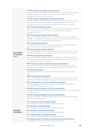 © Texto | Mensagens 7.o
ano 87
Apresentação
de conteúdos
(cont.)
• Gramática Orações subordinadas adjetivas relativas
Gramática interativa que explica, através de exemplos, como classificar as orações
subordinadas adjetivas relativas. O recurso apresenta ainda três momentos
de atividades para praticar os conteúdos.
• Gramática Orações subordinadas substantivas completivas
Gramática interativa que explica, através de exemplos, como classificar as orações
subordinadas substantivas completivas. O recurso apresenta ainda exemplos
complementares e dois momentos de atividades para praticar os conteúdos.
• Vídeo O racismo explicado por crianças
Vídeo com um excerto do programa E se Fosse Consigo?, no qual crianças, entre os
seis e os oito anos, conversam sobre a cor da pele. SIC Notícias (2016).
(Duração: 02 min 29 s)
• Vídeo Como expressar pontos de vista e opiniões?
Vídeo tutorial protagonizado por um(a) aluno(a) que apresenta, através de um
exemplo, as estratégias e normas que envolvem a correta expressão oral de pontos
de vista e opiniões em contexto de intervenção formal.
• Vídeo A Joy Story: Jay and Heron
Curta-metragem de animação A Joy Story: Joy and Heron, de Kyra e Constantin,
Passion Pictures Australia (2018). (Duração: 04 min 14 s)
• Vídeo Como escrever um texto expositivo?
Vídeo tutorial protagonizado por um(a) aluno(a) que explica, através de um texto-
-exemplo, como redigir uma exposição que cumpra os seus objetivos explícitos.
• Gramática Colocação do pronome átono
Gramática interativa que explica, através de exemplos, as normas a obeceder na
colocação do pronome pessoal átono. O recurso apresenta ainda dois momentos
de atividades para praticar os conteúdos.
• Vídeo Piratas das Caraíbas: homens mortos não contam histórias
Trailer legendado do filme Piratas das Caraíbas: homens mortos não contam
histórias, de Joachim Ronning e Espen Sandberg (2017). (Duração: 02 min 27 s)
• Vídeo Muito melhor agora
Curta-metragem Muito melhor agora, de Philipp Comerella e Simon Griesser
(2012).
• Vídeo Como escrever uma biografia?
Vídeo tutorial protagonizado por um(a) aluno(a) que explica, através de um texto-
-exemplo, como redigir uma biografia que cumpra os seus objetivos explícitos.
• Vídeo «Mares limpos – termine a sua relação com o plástico»
Vídeo da campanha «Mares limpos – termine a sua relação com o plástico»,
lançado pela ONU. (Duração: 01 min 57 s)
• Animação Pergunta  Resposta: O poeta e o sujeito poético
Animação de pergunta  resposta sobre o texto poético: Quem é o poeta e quem é
o sujeito poético?
• Animação Pergunta  Resposta: Elementos do texto poético
Animação de pergunta  resposta sobre o texto poético: Quais são os elementos
constitutivos do texto poético?
Aplicação/
Consolidação
• Quiz «E por vezes», de David Mourão-Ferreira
Quiz composto por quatro questões e respetiva explicação.
• Quiz «Ser poeta», de Florbela Espanca
Quiz composto por quatro questões e respetiva explicação.
• Quiz «As palavras», de Eugénio de Andrade
Quiz composto por quatro questões e respetiva explicação.
• Quiz «Urgentemente», de Eugénio de Andrade
Quiz composto por quatro questões e respetiva explicação.
• Quiz «Não posso adiar o amor para outro século», de António Ramos Rosa
Quiz composto por quatro questões e respetiva explicação.
 