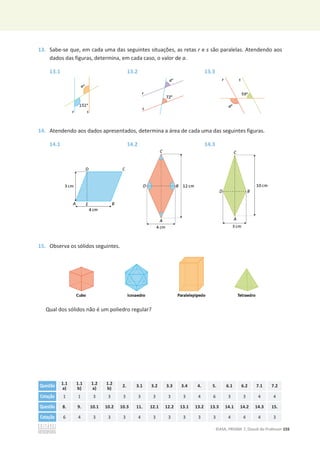 ©ASA, PRISMA 7, Dossiê do Professor 155
13. Sabe-se que, em cada uma das seguintes situações, as retas r e s são paralelas. Atendendo aos
dados das figuras, determina, em cada caso, o valor de a.
13.1 13.2 13.3
14. Atendendo aos dados apresentados, determina a área de cada uma das seguintes figuras.
14.1 14.2 14.3
15. Observa os sólidos seguintes.
Qual dos sólidos não é um poliedro regular?
Questão 1.1
a)
1.1
b)
1.2
a)
1.2
b)
2. 3.1 3.2 3.3 3.4 4. 5. 6.1 6.2 7.1 7.2
Cotação 1 1 3 3 3 3 3 3 3 4 6 3 3 4 4
Questão 8. 9. 10.1 10.2 10.3 11. 12.1 12.2 13.1 13.2 13.3 14.1 14.2 14.3 15.
Cotação 6 4 3 3 3 4 3 3 3 3 3 4 4 4 3
 