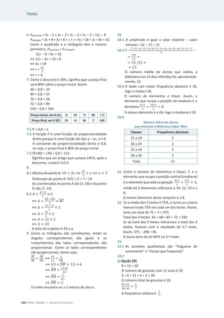 Testes
224 ©ASA, PRISMA 7, Dossiê do Professor
6. Pquadrado = 3x  2 + 3x  2 + 3x  2 + 3x  2 = 12x  8
Pretângulo = 3x + 8 + 3x + 8 + x + x = 6x + 16 + 2x = 8x + 16
Como o quadrado e o retângulo têm o mesmo
perímetro, Pquadrado = Pretângulo:
12x  8 = 8x + 16
฻ 12x  8x = 16 + 8
฻ 4x = 24
฻ x =
ଶସ
ସ
฻ x = 6
7. Como o desconto é 20%, significa que o preço final
será 80% sobre o preço inicial. Assim:
30 u 0,8 = 24
44 ÷ 0,8 = 55
70 u 0,8 = 56
72 ÷ 0,8 = 90
130 u 0,8 = 104
Preço inicial, em € (n) 30 55 70 90 130
Preço final, em € (P) 24 44 56 72 104
7.1 P = 0,8 u n
7.2 A função P é uma função de proporcionalidade
direta porque é uma função do tipo y = ax, a тϬ.
A constante de proporcionalidade direta é 0,8,
ou seja, o preço final é 80% do preço inicial.
7.3 P(140) = 140 u 0,8 = 112
Significa que um artigo que custava 140 €, após o
desconto, custará 112 €.
8.
8.1 Abcissa do ponto A: 10 = 2‫ݔ‬ ฻
ଵ଴
ଶ
= ‫ݔ‬ ฻ ‫ݔ‬ = 5
Ordenada do ponto D: h(7) = 2 u 7 = 14
As coordenadas do ponto A são (5, 10) e do ponto
D são (7, 14).
8.2 ‫ܣ‬ =
஻ ା ௕
ଶ
× ݄
฻ ‫ܣ‬ =
஼஽
തതതത ା ஻஺
തതതത
ଶ
× ‫ܥܤ‬
തതതത
฻ ‫ܣ‬ =
ଵସ ା ଵ଴
ଶ
× 2
฻ ‫ܣ‬ =
ଶସ
ଶ
× 2
฻ ‫ܣ‬ = 12 × 2
฻ ‫ܣ‬ = 24
A área do trapézio é 24 u.a.
9. Como os triângulos são semelhantes, então os
ângulos correspondentes são iguais e os
comprimentos dos lados correspondentes são
proporcionais. Como os lados correspondentes
são proporcionais, temos que:
஻஼
തതതത
஻ா
തതതത
=
஺஻
തതതത
஽஻
തതതത
฻
ସ,ହ
ଵ,ହ
=
଺
஽஻
തതതത
฻ 4,5 × ‫ܤܦ‬
തതതത = 1,5 × 6
฻ ‫ܤܦ‬
തതതത =
ଵ,ହ×଺
ସ,ହ
฻ ‫ܤܦ‬
തതതത =
ଽ
ସ,ହ
฻ ‫ܤܦ‬
തതതത = 2
O ninho encontra-se a 2 metros de altura.
10.
10.1 A amplitude é igual a valor máximo  valor
mínimo = 32  17 = 15.
10.2 x =
17+18+19+19+19+20+21+24+26+26+26+26+26+31+32
15
=
=
ଷହ଴
ଵହ
=
= 23, (3) ൎ
ൎ 23
O número médio de alunos que visitou a
biblioteca nos 15 dias referidos foi, aproximada-
mente, 23.
10.3 O dado com maior frequência absoluta é 26,
logo a moda é 26.
O número de elementos é ímpar. Assim, o
elemento que ocupa a posição da mediana é o
elemento
௡ାଵ
ଶ
=
ଵହାଵ
ଶ
= 8.
O oitavo elemento é o 24, logo a mediana é 24.
10.4
Número diário de alunos
que visitaram a biblioteca Saber Mais
Classes Frequência absoluta
15 a 19 5
20 a 24 3
25 a 29 5
30 a 34 2
Total 15
11. Como o número de elementos é ímpar, 7, e o
elemento que ocupa a posição central (mediana)
é o elemento que está na posição
௡ାଵ
ଶ
=
଻ାଵ
ଶ
= 4,
então há 3 elementos inferiores a 14: 12, 10 e o
8.
O menor elemento deste conjunto é o 8.
12. Se a média dos 5 testes é 75%, é como se a Joana
tivesse tirado 75% em cada um dos testes. Assim,
teria um total de 75 u 5 = 375.
Total dos 4 testes: 65 + 68 + 85 + 72 = 290
Se ao total dos 5 testes retirarmos o total dos 4
testes, ficamos com o resultado do 5.º teste.
Assim, 375  290 = 85.
A Joana teria de ter 85% no 5.º teste.
13.
13.1 As variáveis qualitativas são “freguesia de
nascimento” e “escola que frequenta”.
13.2
a) Opção [B]
8 + 12 = 20
O número de ginastas com 11 anos é 20.
2 + 8 + 12 + 4 + 2 = 28
O número total de ginastas é 28.
ଶ଴ (:ସ)
ଶ଼ (:ସ)
=
ହ
଻
A frequência relativa é
ହ
଻
.
 