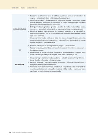 UNIDADE 6 – Dados e probabilidades
242 ©ASA, PRISMA 7, Dossiê do Professor
CIÊNCIAS NATURAIS
• Relacionar os diferentes tipos de edifícios vulcânicos com as características do
magma e o tipo de atividade vulcânica que lhes deu origem.
• Identificar vantagens e desvantagens do vulcanismo principal e secundário para as
populações locais, bem como os contributos da ciência e da tecnologia para a sua
previsão e minimização de riscos associados.
• Distinguir rochas magmáticas (granito e basalto) de rochas metamórficas (xistos,
mármores e quartzitos), relacionando as suas características com a sua génese.
• Identificar aspetos característicos de paisagens magmáticas e metamórficas,
relacionando-os com o tipo de rochas presentes e as dinâmicas a que foram sujeitas
após a sua formação.
• Interpretar informação relativa ao ciclo das rochas, integrando conhecimentos
sobre rochas sedimentares, magmáticas e metamórficas e relacionando-os com as
dinâmicas interna e externa da Terra.
TIC
• Planificar estratégias de investigação e de pesquisa a realizar online.
• Realizar pesquisas, utilizando os termos selecionados e relevantes de acordo com o
tema a desenvolver.
• Compreender e utilizar técnicas elementares (enquadramento, ângulos, entre
outras) de captação e edição de imagem, som, vídeo e modelação 3D.
MATEMÁTICA
• Interpretar e produzir informação estatística e utilizá-la para resolver problemas e
tomar decisões informadas e fundamentadas.
• Recolher, organizar e representar dados recorrendo a diferentes representações e
interpretar a informação representada.
• Analisar e interpretar informação contida num conjunto de dados recorrendo às
medidas estatísticas mais adequadas (mediana, média, moda) e reconhecer o seu
significado no contexto de uma dada situação.
 