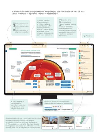 A projeção do manual digital facilita a exploração dos conteúdos em sala de aula.
Várias ferramentas apoiam o Professor nesta tarefa:
O zoom, o ajuste
à largura/altura,
a vista em página
única/dupla e o full
screen permitem
ajustar a visualização
e explorar texto,
imagens ou esquemas
com todo o detalhe.
Desenho livre
Nota de texto
Marcador de página
Todos os desenhos,
notas e marcações
ﬁcam automaticamente
guardados e acessíveis
a partir de qualquer
dispositivo.
Índice do manual
Índice de recursos
digitais
Índice de notas e
páginas marcadas
Pesquisa
A barra e as setas
de navegação
permitem encontrar
rapidamente uma
página especíﬁca.
É possível destacar com diferentes
cores um excerto de texto selecionado.
Na banda lateral surge a indicação dos recursos
digitais disponíveis. Animações, vídeos,
atividades interativas ou ﬁchas do Caderno
de Atividades, por exemplo, são algumas das
tipologias de recursos a que o Professor pode
recorrer, sem sair da página que está a projetar.
 