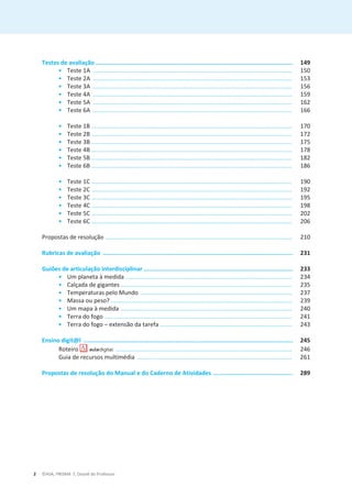 2 ©ASA, PRISMA 7, Dossiê do Professor
Testes de avaliação ............................................................................................................... 149
• Teste 1A .......................................................................................................................... 150
• Teste 2A .......................................................................................................................... 153
• Teste 3A .......................................................................................................................... 156
• Teste 4A .......................................................................................................................... 159
• Teste 5A .......................................................................................................................... 162
• Teste 6A .......................................................................................................................... 166
• Teste 1B ........................................................................................................................... 170
• Teste 2B ........................................................................................................................... 172
• Teste 3B ........................................................................................................................... 175
• Teste 4B ........................................................................................................................... 178
• Teste 5B ........................................................................................................................... 182
• Teste 6B ........................................................................................................................... 186
• Teste 1C ........................................................................................................................... 190
• Teste 2C ........................................................................................................................... 192
• Teste 3C ........................................................................................................................... 195
• Teste 4C ........................................................................................................................... 198
• Teste 5C ........................................................................................................................... 202
• Teste 6C ........................................................................................................................... 206
Propostas de resolução .................................................................................................................. 210
Rubricas de avaliação ........................................................................................................... 231
Guiões de articulação interdisciplinar .................................................................................... 233
• Um planeta à medida ...................................................................................................... 234
• Calçada de gigantes ......................................................................................................... 235
• Temperaturas pelo Mundo ............................................................................................. 237
• Massa ou peso? ............................................................................................................... 239
• Um mapa à medida ......................................................................................................... 240
• Terra do fogo ................................................................................................................... 241
• Terra do fogo – extensão da tarefa ................................................................................. 243
Ensino digit@l ...................................................................................................................... 245
Roteiro ............................................................................................................ 246
Guia de recursos multimédia ............................................................................................... 261
Propostas de resolução do Manual e do Caderno de Atividades ............................................. 289
 