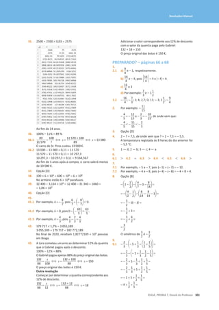 301
©ASA, PRISMA 7, Dossiê do Professor
Resoluções Manual
35. 2500 − 2500 × 0,03 = 2575
Ao fim de 24 anos.
36. 100% − 11% = 89 %
36.1
89
11 570
=
100
x ⇔ x =
11 570 * 100
89
⇔ x = 13 000
O carro do Sr. Pires custou 13 000 €.
36.2 13 000 − 13 000 × 0,11 = 11 570
11 570 − 11 570 × 0,11 = 10 297,3
10 297,3 − 10 297,3 × 0,11 = 9 164,567
Ao fim de 3 anos após a compra, o carro valerá menos
de 10 000 €.
37. Opção [D]
38. 100 × 6 × 106 = 600 × 106 = 6 × 108
No armário estão 6 × 108 parafusos.
39. 32 400 − 3,134 × 104 = 32 400 − 31 340 = 1060 =
= 1,06 × 103
40. Opção [D]
41.
41.1 Por exemplo, k = -
8
7
, pois
6
7
+ a-
8
7
b  0.
41.2 Por exemplo, k = 0, pois 0 - a-
63
5
b =
63
5
.
41.3 Por exemplo, k =
4
3
, pois
4
3
-
2
3
=
4
3
.
42. 179 717 × 1,7% = 3 055,189
3 055,189 + 179 717 = 182 772,189
No final de 2020, residiam 1,82772189 × 105 pessoas
em Braga.
43. A Lara cometeu um erro ao determinar 12% da quantia
que o Gabriel pagou após o desconto.
100% − 12% = 88%
O Gabriel pagou apenas 88% do preço original das botas.
132
88
=
x
100
⇔ x =
132 * 100
88
⇔ x = 150
O preço original das botas é 150 €.
Outra resolução
Começar por determinar a quantia correspondente aos
12% de desconto.
132
88
=
x
12
⇔ x =
132 * 12
88
⇔ x = 18
Adicionar o valor correspondente aos 12% de desconto
com o valor da quantia paga pelo Gabriel:
132 + 18 = 150
O preço original das botas é 150 €.
PREPARADO? – páginas 66 a 68
1.
1.1 a)
9
4
e - 1, respetivamente.
b)
16
4
e - 4, pois `
16
4
` = 4 e 0- 40 = 4.
c)
16
4
e 3
d) Por exemplo:
7
3
e - 1
1
2
1.2 -
16
4
; -
7
3
; 1; 4; 2,7; 0; 11; - 3; 1
1
2
; -
9
4
2. Por exemplo: -
11
15
-
4
5
= -
12
15
e -
2
3
= -
10
15
, de onde vem que:
-
4
5
 -
11
15
 -
2
3
3. Opção [D]
4. 2 − ? = 7,5, de onde vem que ? = 2 − 7,5 = − 5,5.
A temperatura registada às 8 horas do dia anterior foi
− 5,5 °C.
5. 1 — d; 2 — b; 3 — c; 4 — a
6.
6.1  6.2 = 6.3  6.4  6.5  6.6 
7.
7.1 Por exemplo, − 5 e − 7, pois (− 5) + (− 7) = − 12.
7.2 Por exemplo, − 4 e − 8, pois (− 4) − (− 8) = − 4 + 8 = 4.
8. Opção [B]
- a2 -
1
2
b - a
4
7
- 3 -
8
14
b =
= - a
4
2
-
1
2
b - a
8
14
-
8
14
- 3b =
= -
3
2
- (0 - 3) =
= -
3
2
+ 3 =
= -
3
2
+
6
2
=
=
3
2
O simétrico de
3
2
é -
3
2
.
9.
9.1 -
2
3
- a- 5 +
1
3
- a
1
2
+
1
5
bb =
= -
2
3
- a- 5 +
1
3
-
1
2
-
1
5
b =
= -
2
3
+ 5 -
1
3
+
1
2
+
1
5
=
= -
2
3
-
1
3
+ 5 +
1
2
+
1
5
=
= - 1 + 5 +
1
2
+
1
5
=
= 4 +
1
2
+
1
5
=
 