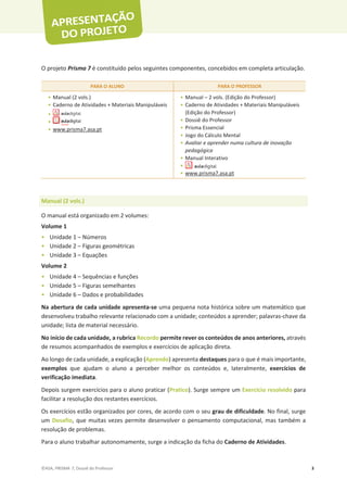 ©ASA, PRISMA 7, Dossiê do Professor 3
O projeto Prisma 7 é constituído pelos seguintes componentes, concebidos em completa articulação.
PARA O ALUNO PARA O PROFESSOR
• Manual (2 vols.)
• Caderno de Atividades + Materiais Manipuláveis
•
•
• www.prisma7.asa.pt
• Manual – 2 vols. (Edição do Professor)
• Caderno de Atividades + Materiais Manipuláveis
(Edição do Professor)
• Dossiê do Professor
• Prisma Essencial
• Jogo do Cálculo Mental
• Avaliar e aprender numa cultura de inovação
pedagógica
• Manual Interativo
•
• www.prisma7.asa.pt
Manual (2 vols.)
O manual está organizado em 2 volumes:
Volume 1
• Unidade 1 – Números
• Unidade 2 – Figuras geométricas
• Unidade 3 – Equações
Volume 2
• Unidade 4 – Sequências e funções
• Unidade 5 – Figuras semelhantes
• Unidade 6 – Dados e probabilidades
Na abertura de cada unidade apresenta-se uma pequena nota histórica sobre um matemático que
desenvolveu trabalho relevante relacionado com a unidade; conteúdos a aprender; palavras-chave da
unidade; lista de material necessário.
No início de cada unidade, a rubrica Recordo permite rever os conteúdos de anos anteriores, através
de resumos acompanhados de exemplos e exercícios de aplicação direta.
Ao longo de cada unidade, a explicação (Aprendo) apresenta destaques para o que é mais importante,
exemplos que ajudam o aluno a perceber melhor os conteúdos e, lateralmente, exercícios de
verificação imediata.
Depois surgem exercícios para o aluno praticar (Pratico). Surge sempre um Exercício resolvido para
facilitar a resolução dos restantes exercícios.
Os exercícios estão organizados por cores, de acordo com o seu grau de dificuldade. No final, surge
um Desafio, que muitas vezes permite desenvolver o pensamento computacional, mas também a
resolução de problemas.
Para o aluno trabalhar autonomamente, surge a indicação da ficha do Caderno de Atividades.
 