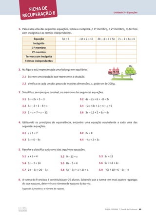 Unidade 3 – Equações
©ASA, PRISMA 7, Dossiê do Professor 49
1. Para cada uma das seguintes equações, indica a incógnita, o 1º membro, o 2º membro, os termos
com incógnita e os termos independentes.
Equação 3a = 5 3b + 2 = 10 2b  4 = 5 + 5b 7x  2 = 8x + 6
Incógnita
1º membro
2º membro
Termos com incógnita
Termos independentes
2. Na figura está representada uma balança em equilíbrio.
2.1 Escreve uma equação que represente a situação.
2.2 Verifica se cada um dos pesos de maiores dimensões, x, pode ser de 200 g.
3. Simplifica, sempre que possível, os membros das seguintes equações.
3.1 3x + 2x = 5  3 3.2 4x  2x + 6 = 8 + 2x
3.3 5x  3 = 3  8 + x 3.4 2x + 8x + 1 = 4  x + 5
3.5 2  x + 7 = x  12 3.6 3x  12 + 2 = 6x  8x
4. Utilizando os princípios de equivalência, encontra uma equação equivalente a cada uma das
seguintes equações.
4.1 x + 1 = 7 4.2 2x = 8
4.3 3x = 6  9x 4.4 4x + 2 = 3x
5. Resolve e classifica cada uma das seguintes equações.
5.1 x + 3 = 4 5.2 9  12 = x 5.3 5x = 15
5.4 3x  7 = 14 5.5 0x  5 = 4 5.6 6x = 12 + 2x
5.7 24  3x = 20  3x 5.8 5x  3x + 1 = 2x + 1 5.9 5x + 10 = 6  5x  4
6. A turma do Francisco é constituída por 26 alunos. Sabendo que a turma tem mais quatro raparigas
do que rapazes, determina o número de rapazes da turma.
Sugestão: Considera x o número de rapazes.
 