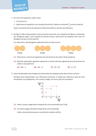 Unidade 4 – Sequências e funções
©ASA, PRISMA 7, Dossiê do Professor 57
1. De uma certa sequência, sabe-se que:
• o 4º termo é 2;
• cada termo da sequência, com exceção do primeiro, obtém-se somando
ଷ
ଶ
ao termo anterior.
Qual é o primeiro termo da sequência? Apresenta todos os cálculos que efetuares.
2. Na figura estão representados os três primeiros termos de uma sequência de figuras constituídas
por decágonos iguais. Com exceção do primeiro termo, cada termo da sequência tem mais um
decágono do que o termo anterior.
Em cada termo, dois decágonos adjacentes têm um lado comum.
2.1 Determina o número de segmentos de reta do termo de ordem 10 da sequência.
2.2 Qual das expressões seguintes representa o número total de segmentos de reta do termo de
ordem n da sequência?
[A] 20n  1 [B] 10n  9 [C] 9n + 10 [D] n + 19
3. Uma transportadora faz entregas de encomendas em qualquer parte do território nacional.
Na figura está representada, num referencial cartesiano, a função que relaciona o peso de uma
encomenda, em quilogramas, com o preço a pagar, em euros, pelo seu transporte.
3.1 Indica o preço a pagar pelo transporte de uma encomenda com 12 kg.
3.2 Um cliente pagou 8 € pelo transporte de uma encomenda.
Indica um possível peso para a encomenda enviada. Justifica.
 