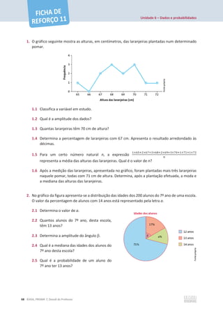Unidade 6 – Dados e probabilidades
68 ©ASA, PRISMA 7, Dossiê do Professor
1. O gráfico seguinte mostra as alturas, em centímetros, das laranjeiras plantadas num determinado
pomar.
1.1 Classifica a variável em estudo.
1.2 Qual é a amplitude dos dados?
1.3 Quantas laranjeiras têm 70 cm de altura?
1.4 Determina a percentagem de laranjeiras com 67 cm. Apresenta o resultado arredondado às
décimas.
1.5 Para um certo número natural n, a expressão
ଵ×଺ହାଶ×଺଻ାଷ×଺଼ାଶ×଺ଽାଷ×଻଴ାଵ×଻ଵାଵ×଻ଶ
௡
representa a média das alturas das laranjeiras. Qual é o valor de n?
1.6 Após a medição das laranjeiras, apresentada no gráfico, foram plantadas mais três laranjeiras
naquele pomar, todas com 71 cm de altura. Determina, após a plantação efetuada, a moda e
a mediana das alturas das laranjeiras.
2. No gráfico da figura apresenta-se a distribuição das idades dos 200 alunos do 7º ano de uma escola.
O valor da percentagem de alunos com 14 anos está representado pela letra a.
2.1 Determina o valor de a.
2.2 Quantos alunos do 7º ano, desta escola,
têm 13 anos?
2.3 Determina a amplitude do ângulo E.
2.4 Qual é a mediana das idades dos alunos do
7º ano desta escola?
2.5 Qual é a probabilidade de um aluno do
7º ano ter 13 anos?
 