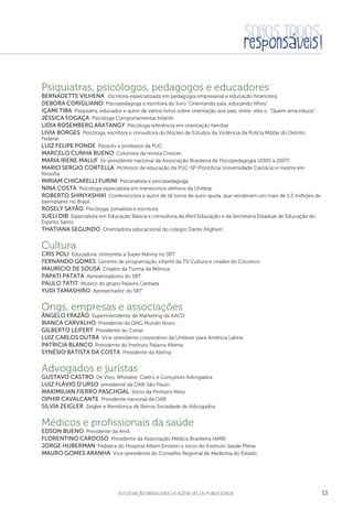 13aSSOCIAÇÃO BRASILEIRA DE AGÊNCIAS DE PUBLICIDADE
Psiquiatras, psicólogos, pedagogos e educadores
Bernadette Vilhena  Escritora especializada em pedagogia empresarial e educação financeira
Debora Corigliano  Psicopedagoga e escritora do livro “Orientando pais, educando filhos”
Içami Tiba  Psiquiatra, educador e autor de vários livros sobre orientação aos pais, entre eles o “Quem ama educa”.
Jéssica Fogaça  Psicóloga Comportamental Infantil
Lidia Rosemberg Aratangy  Psicóloga referência em orientação familiar
Livia Borges  Psicóloga, escritora e consultora do Núcleo de Estudos da Violência da Polícia Militar do Distrito
Federal
Luiz Felipe Ponde  Filosofo e professor da PUC
Marcelo Cunha Bueno  Colunista da revista Crescer
Maria Irene Maluf  Ex-presidente nacional da Associação Brasileira de Psicopedagogia (2005 a 2007)
Mario Sergio Cortella  Professor de educação da PUC-SP (Pontifícia Universidade Católica) e mestre em
filosofia
Miriam Chicarelli Furini  Psicanalista e psicopedagoga
Nina Costa  Psicóloga especialista em transtornos afetivos da Unifesp
Roberto Shinyashiki  Conferencista e autor de 16 livros de auto-ajuda, que venderam um mais de 5,5 milhões de
exemplares no Brasil.
Rosely Sayão  Psicóloga, jornalista e escritora
Sueli Dib  Especialista em Educação Básica e consultora da Abril Educação e da Secretaria Estadual de Educação do
Espírito Santo
Thatiana Segundo  Orientadora educacional do colégio Dante Alighieri
Cultura
Cris Poli  Educadora, interpreta a Super Nanny no SBT
Fernando Gomes  Gerente de programação infantil da TV Cultura e criador do Cocoricó
Maurício de Sousa  Criador da Turma da Mônica
Papati Patata  Apresentadores do SBT
Paulo Tatit  Músico do grupo Palavra Cantada
Yudi Tamashiro  Apresentador do SBT
Ongs, empresas e associações
Ângelo Frazão  Superintendente de Marketing da AACD
Bianca Carvalho  Presidente da ONG Mundo Novo
Gilberto Leifert  Presidente do Conar
Luiz Carlos Dutra  Vice-presidente corporativo da Unilever para América Latina
PATRICIA BLANCO  Presidente do Instituto Palavra Aberta
Synésio Batista da Costa  Presidente da Abrinq
Advogados e jurístas
Gustavo Castro  De Vivo, Whitaker, Castro e Gonçalves Advogados
Luiz Flávio D'Urso  presidente da OAB-São Paulo
Maximilian Fierro Paschoal  Sócio da Pinheiro Neto
Ophir Cavalcante  Presidente nacional da OAB
Silvia Zeigler  Zeigler e Mendonça de Barros Sociedade de Advogados
Médicos e profissionais da saúde
Edson Bueno  Presidente da Amil
Florentino Cardoso  Presidente da Associação Médica Brasileira (AMB)
Jorge Huberman  Pediatra do Hospital Albert Einstein e sócio do Instituto Saúde Plena
Mauro Gomes Aranha  Vice-presidente do Conselho Regional de Medicina do Estado
 
