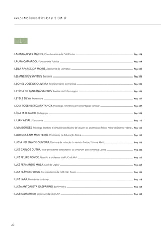 20
WWW.SOMOSTODOSRESPONSAVEIS.COM.BR
l  
Lamara Alves Maciel, Coordenadora de Call Center ...........................................................................................................  Pág. 104
Laura Camargo , Funcionária Pública .........................................................................................................................................  Pág. 104
Leila Aparecida Moris, Assistente de Compras ....................................................................................................................  Pág. 106
Leliane dos Santos, Bancária .......................................................................................................................................................  Pág. 106
Leonel José de Oliveira, Representante Comercial ..........................................................................................................  Pág. 106
Letícia de Santana Santos, Auxiliar de Enfermagem ......................................................................................................  Pág. 106
Leysle Silva, Professora ........................................................................................................................................................................  Pág. 107
Lidia Rosemberg Aratangy, Psicóloga referência em orientação familiar ..............................................................  Pág. 107
Lígia M. B. Garbi, Pedagoga ...............................................................................................................................................................  Pág. 108
Lilian Assali, Estudante ........................................................................................................................................................................  Pág. 110
Livia Borges, Psicóloga, escritora e consultora do Núcleo de Estudos da Violência da Polícia Militar do Distrito Federal ...  Pág. 110
Lourdes Faim Monteiro, Professora de Educação Física ................................................................................................  Pág. 110
Lúcia Helena de Oliveira, Diretora de redação da revista Saúde, Editora Abril ......................................................  Pág. 111
Luiz Carlos Dutra, Vice-presidente corporativo da Unilever para América Latina ..................................................  Pág. 111
Luiz Felipe Pondé, Filosofo e professor da PUC e FAAP ........................................................................................................  Pág. 112
Luiz Fernando Musa, CEO da Ogilvy .........................................................................................................................................  Pág. 115
Luiz Flávio D’Urso, Ex-presidente da OAB-São Paulo ..........................................................................................................  Pág. 116
Luiz Lara, Presidente da Abap ..............................................................................................................................................................  Pág. 118
Luiza Antonieta Gasparino, Enfermeira .............................................................................................................................  Pág. 118
Luli Radfahrer, professor da ECA/USP ........................................................................................................................................  Pág. 119
 